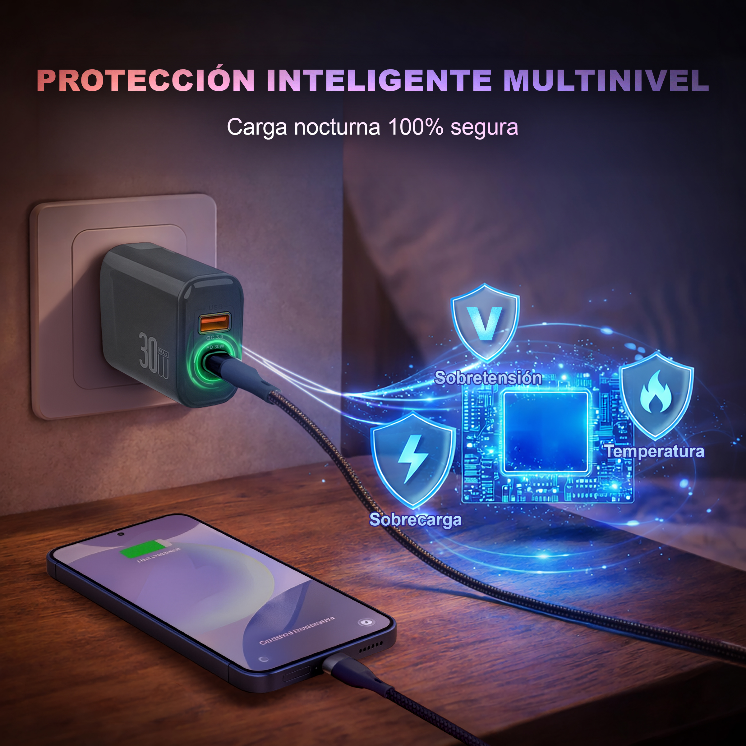 Un cargador enchufado a una toma carga un smartphone. Se muestran iconos de protección.