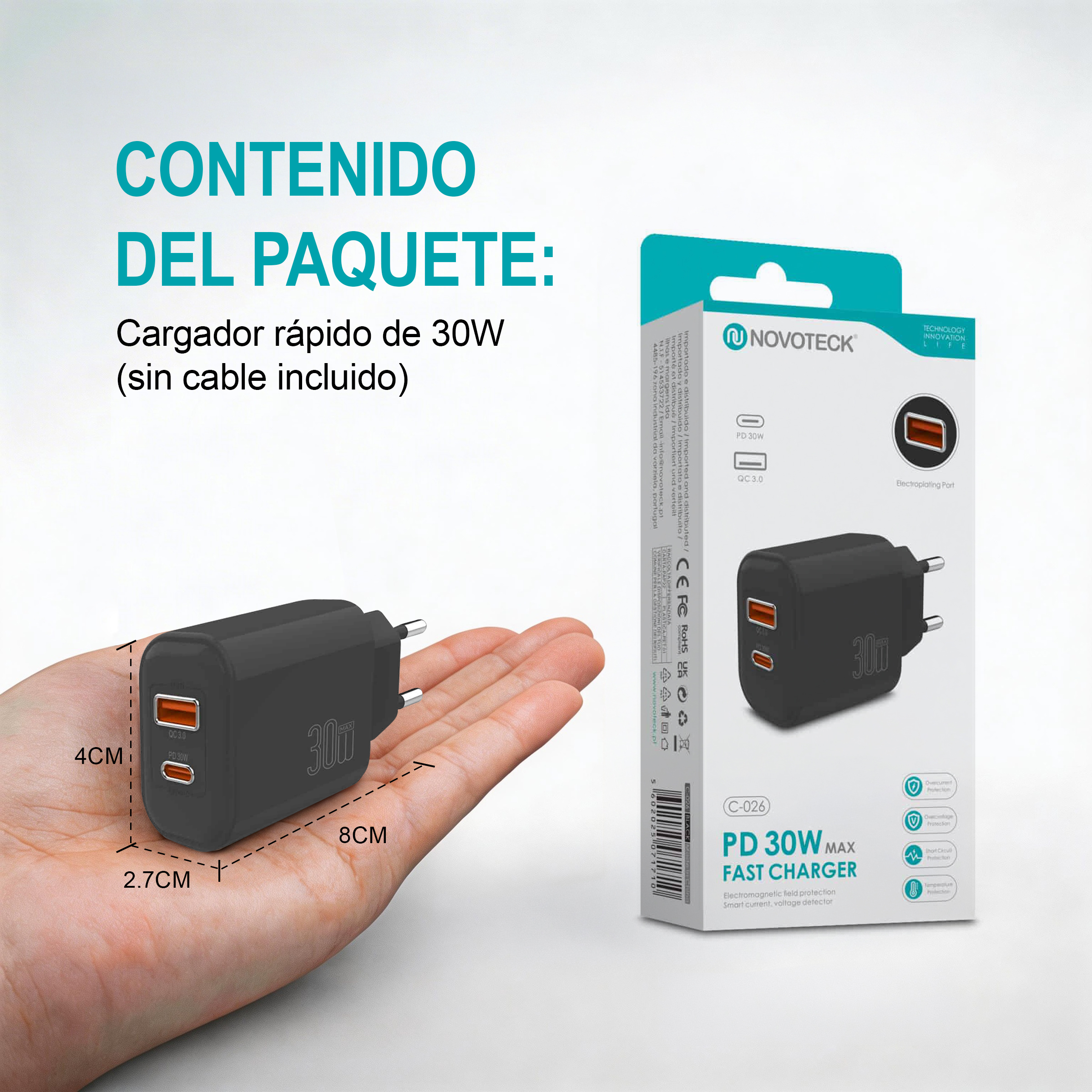Cargador USB PD negro de 30W con dos puertos, sostenido en una mano.