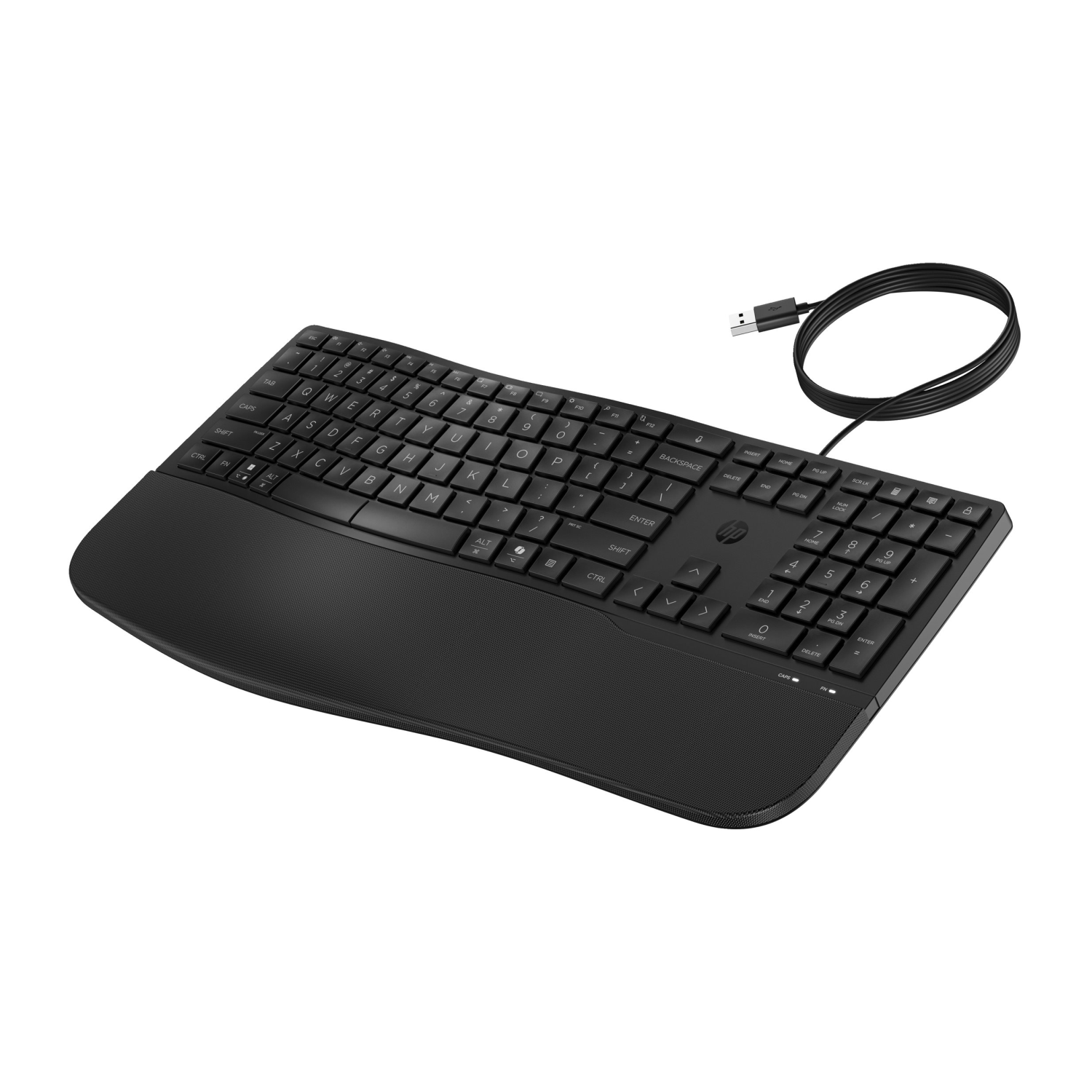 Tastiera HP nera con cavo USB e poggiapolsi integrato.