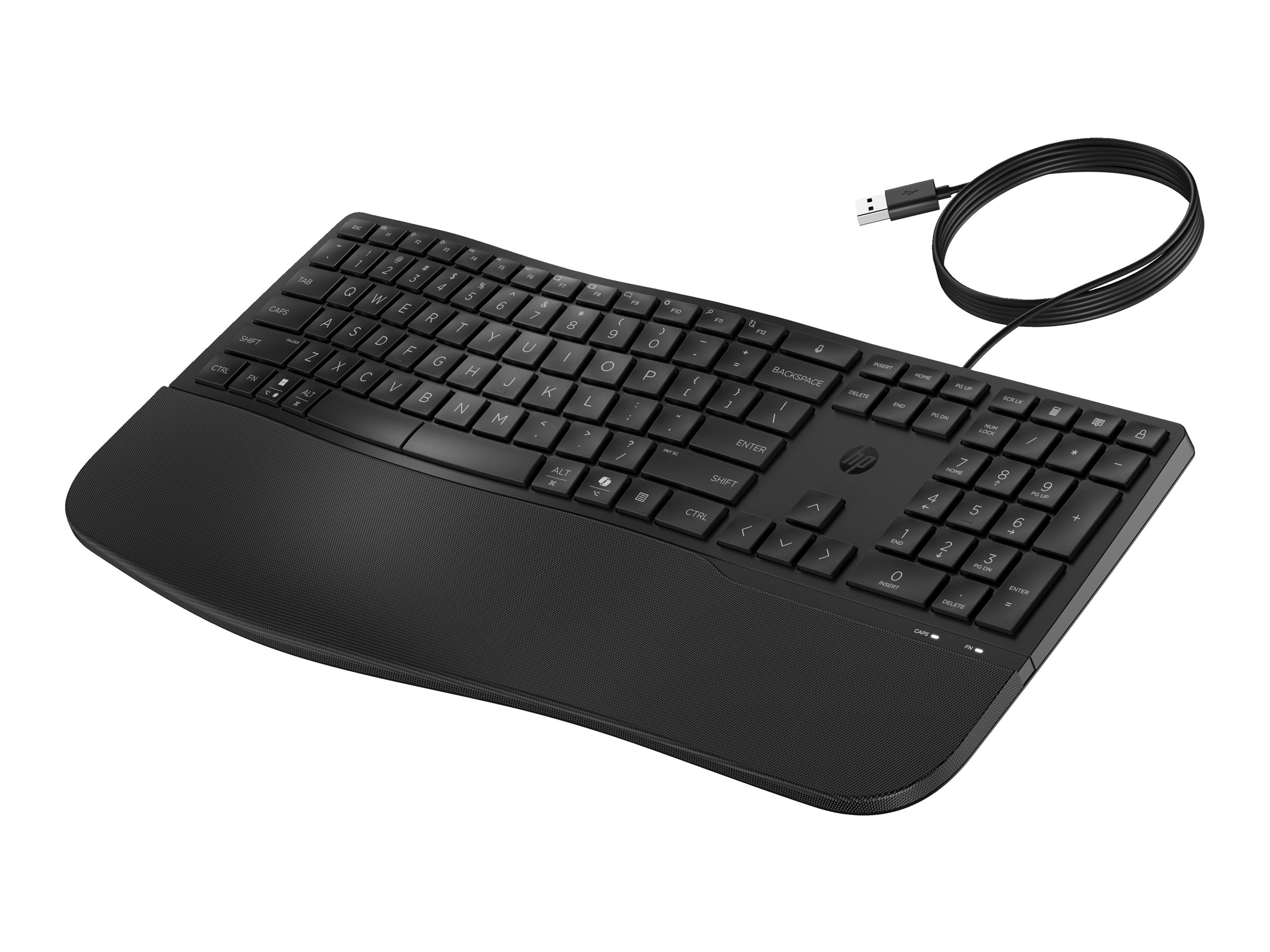 Tastiera HP nera con cavo USB e poggiapolsi.
