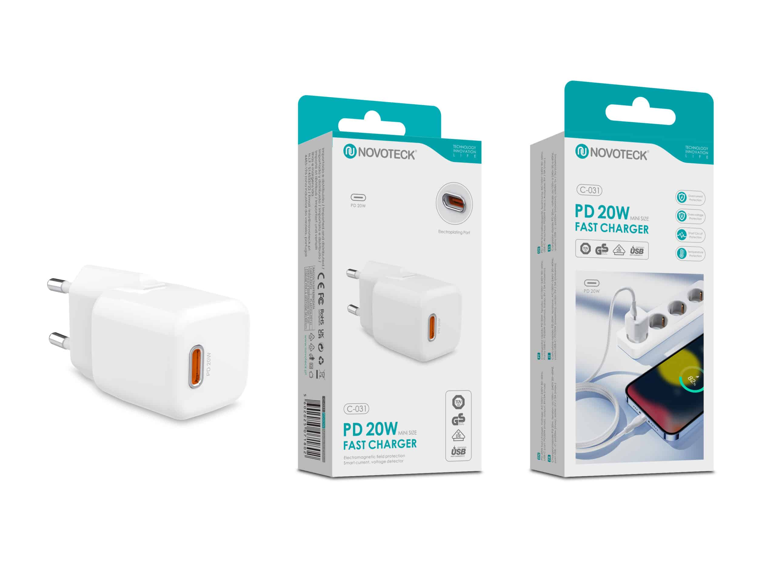 Cargadores rápidos blancos Novoteck PD 20W con puerto USB-C, empaquetados.