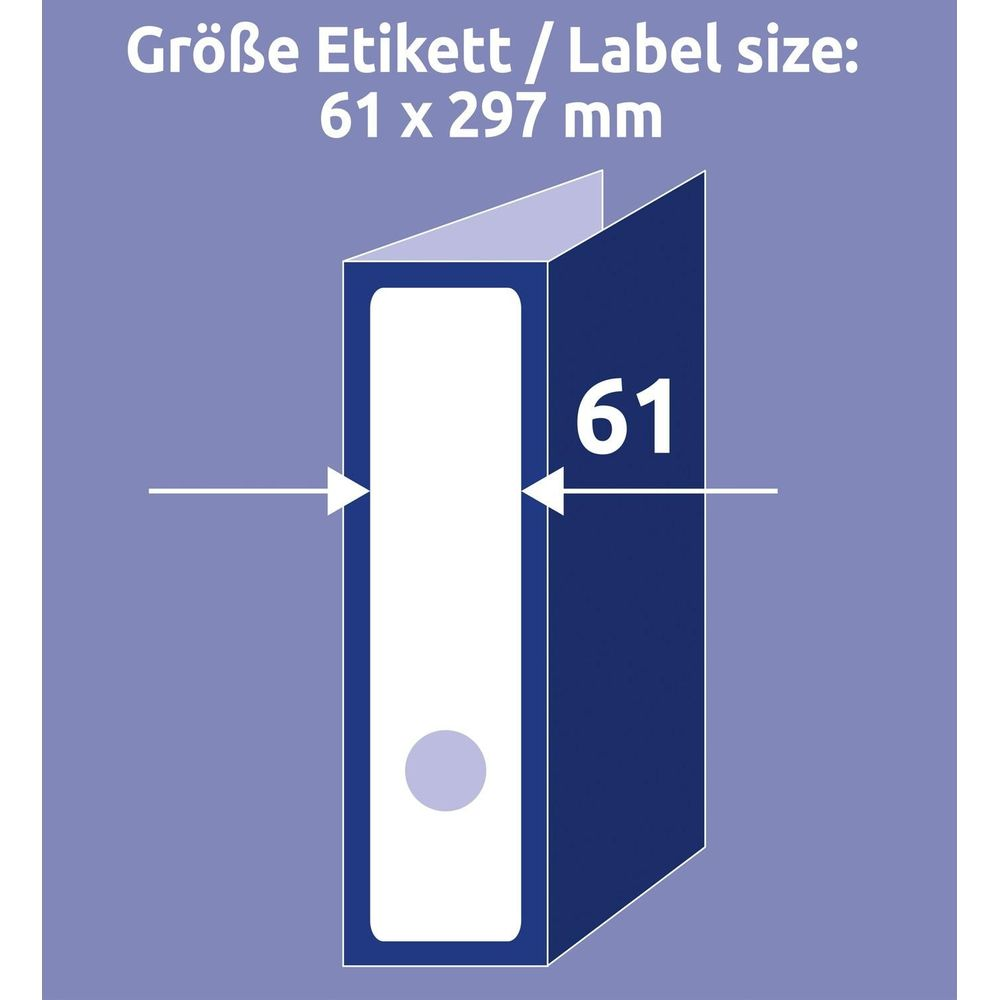 Ein dunkelblauer Ordner mit der Zahl 61 und Maßangaben.