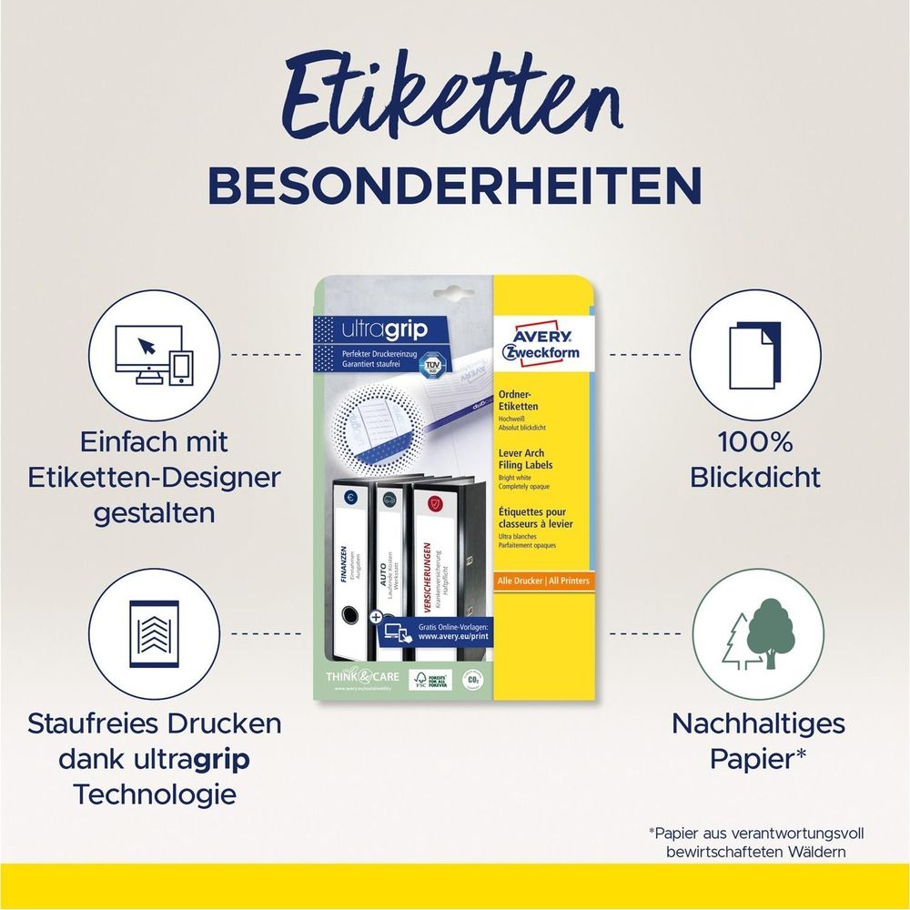 Verpackung von Avery Zweckform Etiketten für Ordner, mit Icons für Design, 100% Blickdichte & Nachhaltigkeit.