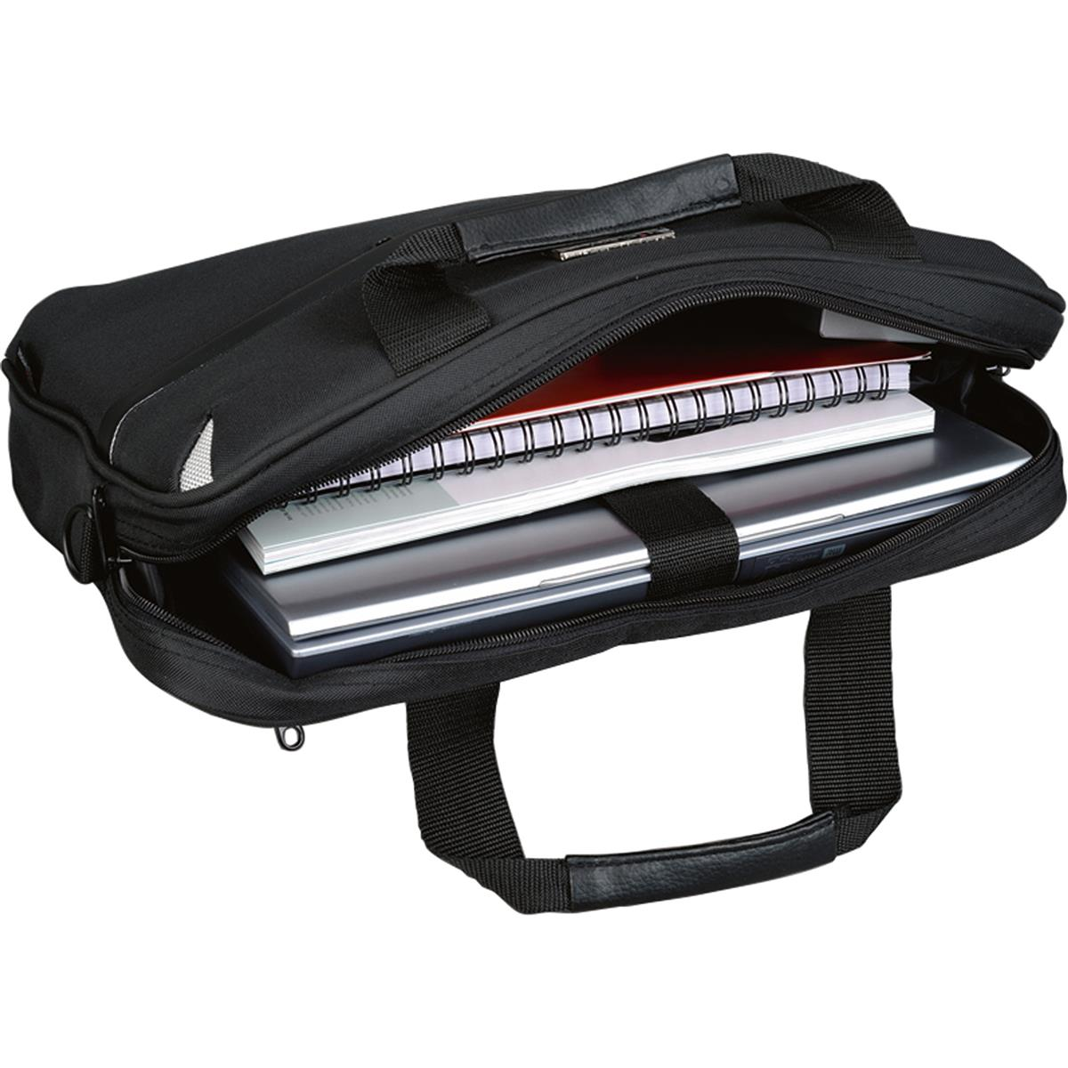 Borsa nera per laptop con laptop e taccuini all'interno.