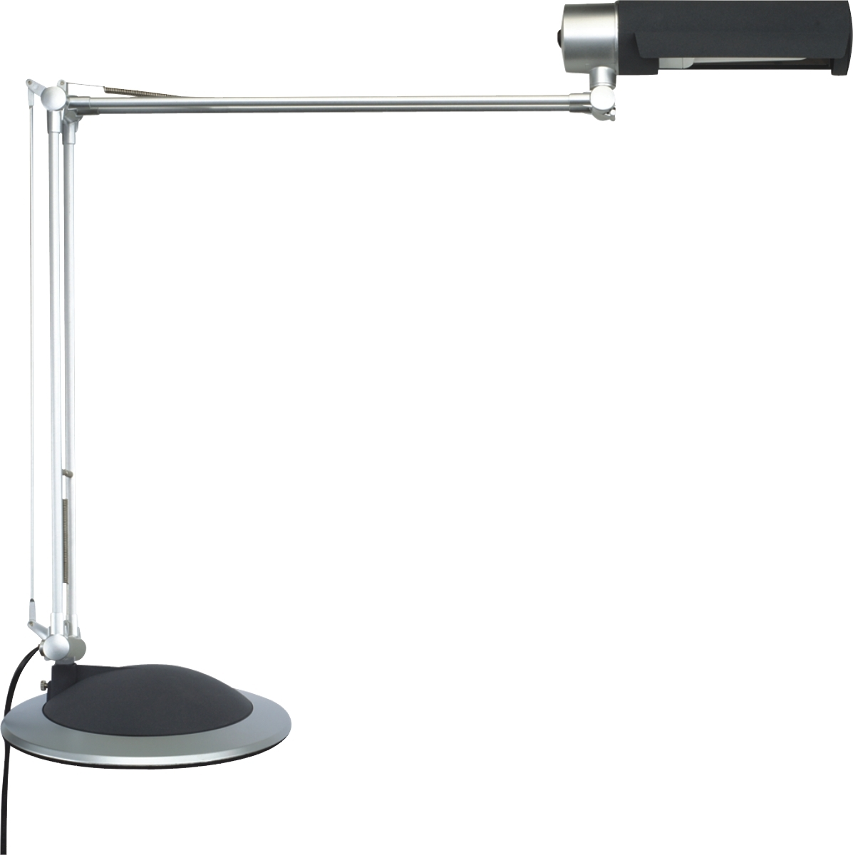 Lampada da scrivania argentata con paralume e base neri, su sfondo bianco.