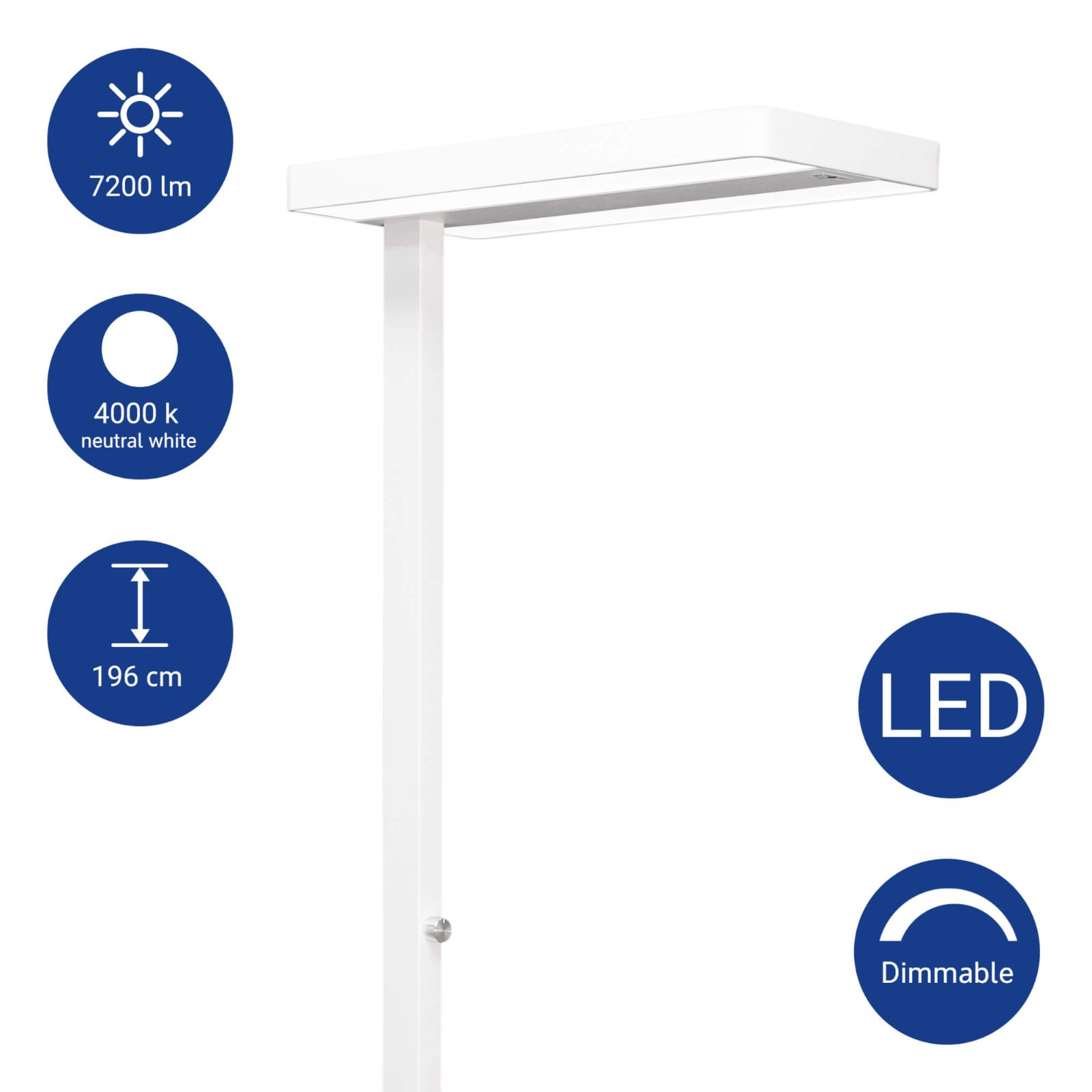 Lámpara de pie LED blanca: 7200 lm, 4000K, altura 196cm, regulable.