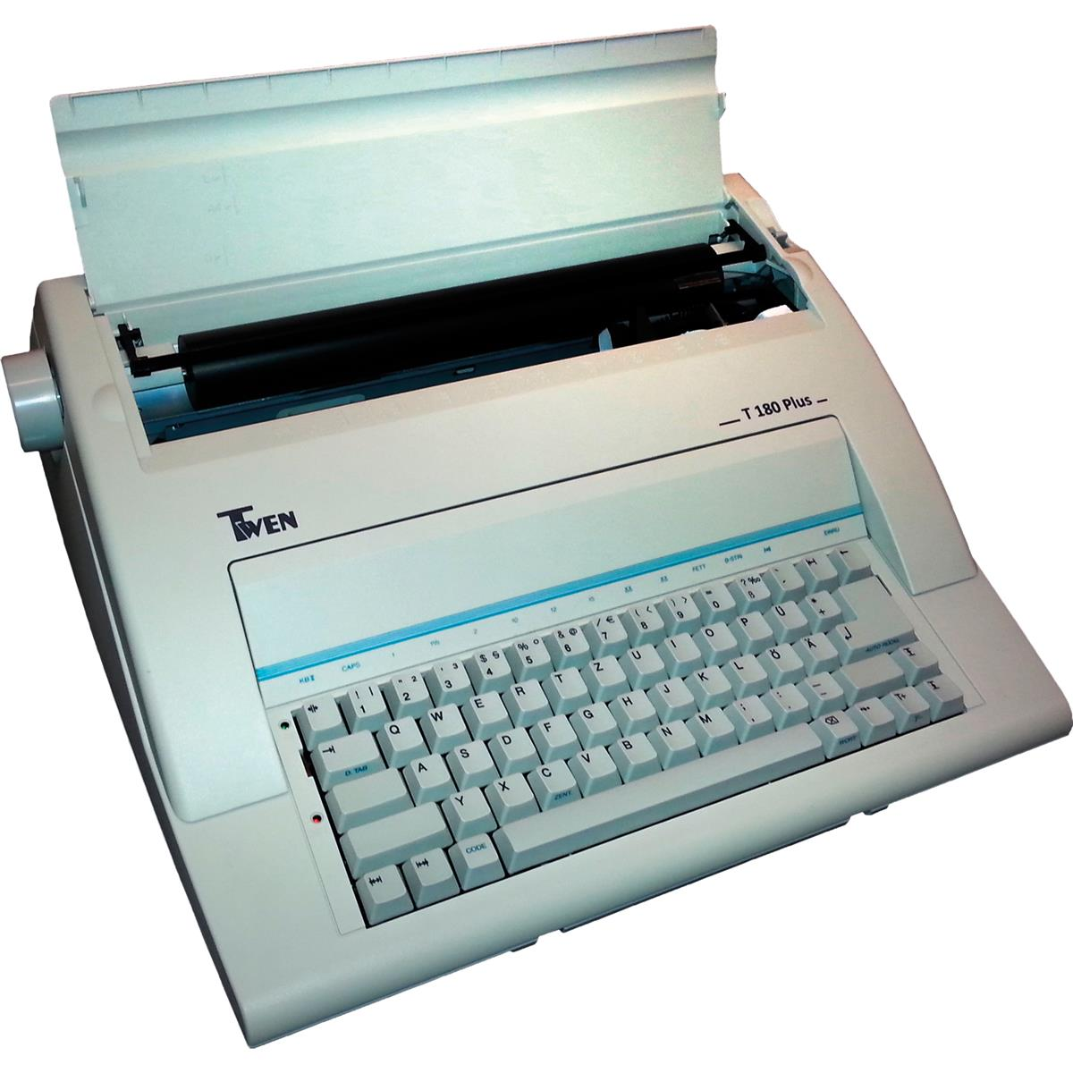 Ein weißer TWEN T 180 Plus Elektronschreibmaschine mit geöffnetem Deckel.