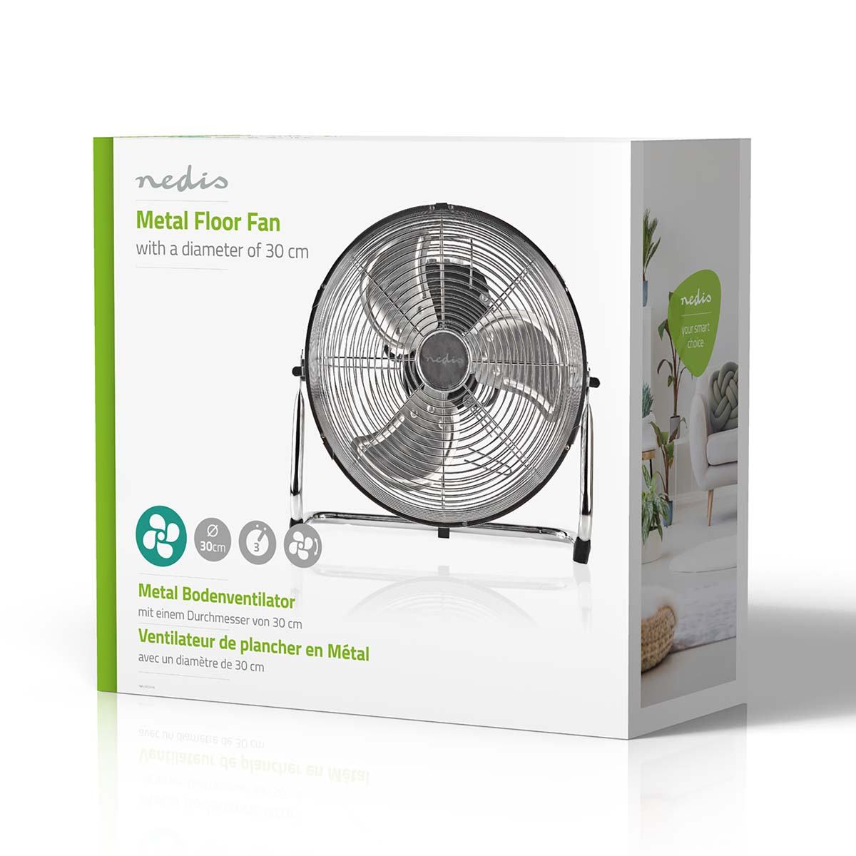 Ventilatore da terra in metallo Nedis, diametro 30 cm, tre velocità.