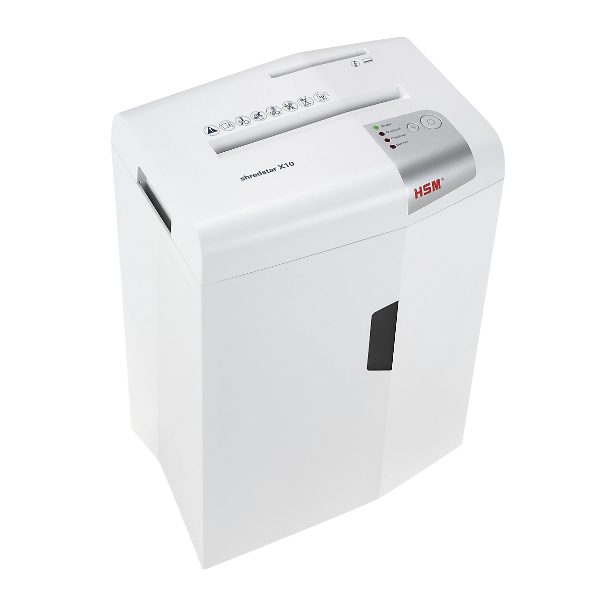 Biała niszczarka HSM Shredstar X10 z elementami sterującymi na górze.