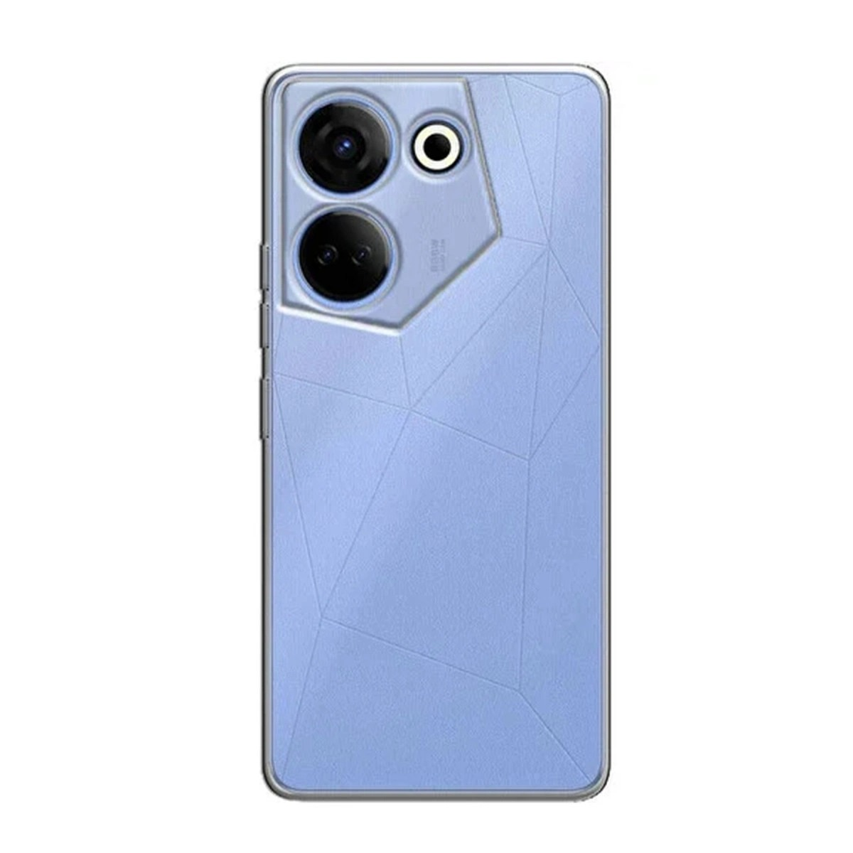 Arkasında geometrik desenli ve iki kameralı mavi bir akıllı telefon.