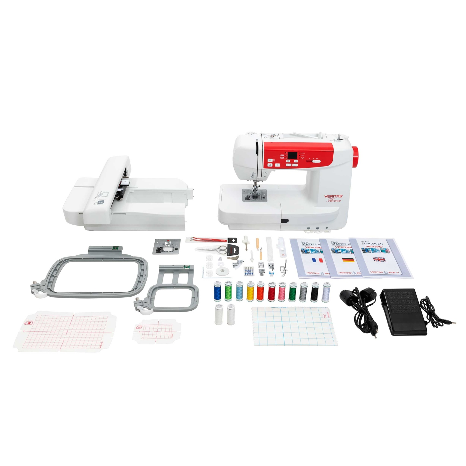 Nähmaschine und Stickmaschine mit Zubehör, Garn und Fußpedal.