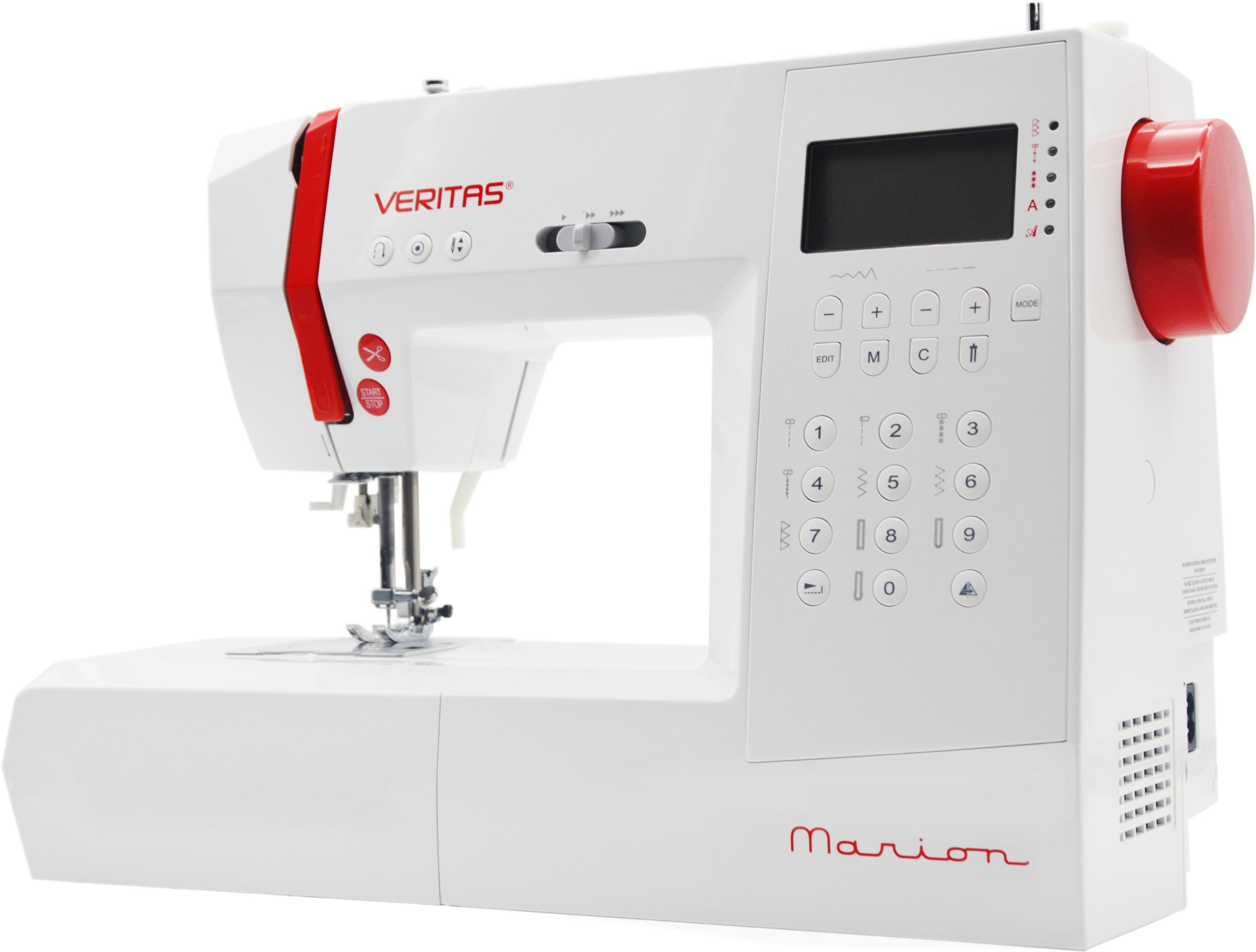 Weiße Nähmaschine mit roten Akzenten und digitalem Display.