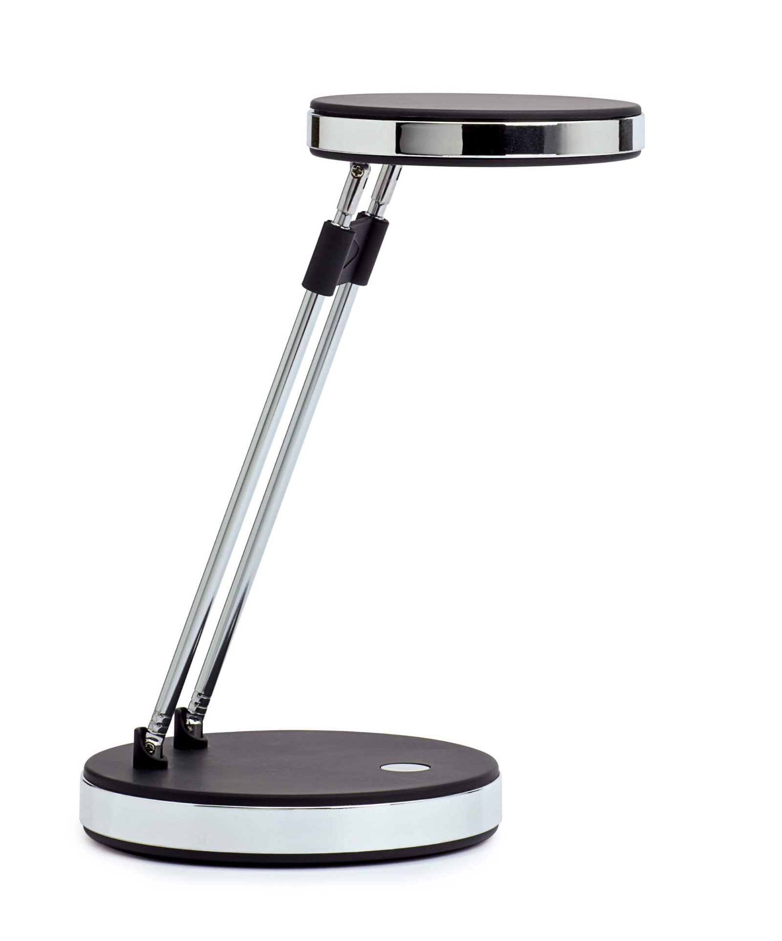 Una moderna lampada da scrivania nera con bracci argentati regolabili e base rotonda.