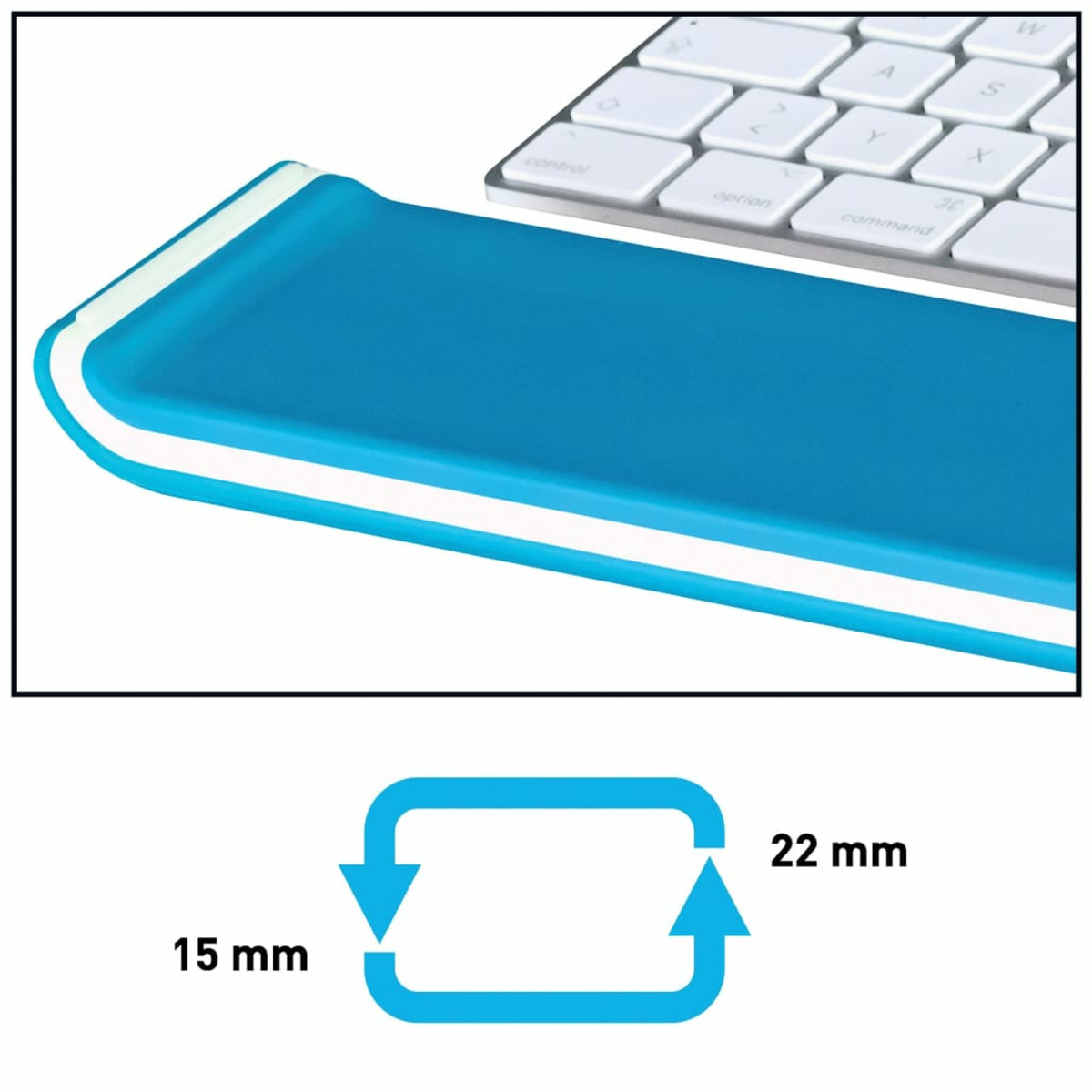 Almohadilla azul para muñeca junto a un teclado con dimensiones.