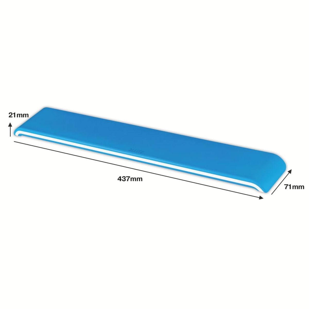 Un objeto azul con dimensiones 437mm x 71mm x 21mm.