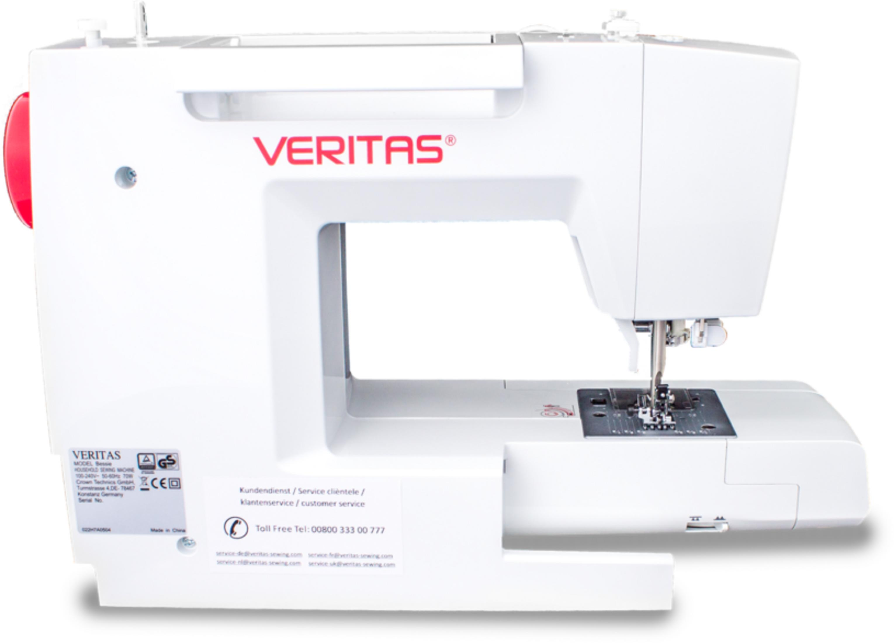 Weiße Veritas Nähmaschine mit rotem Griff und Näähfuß.