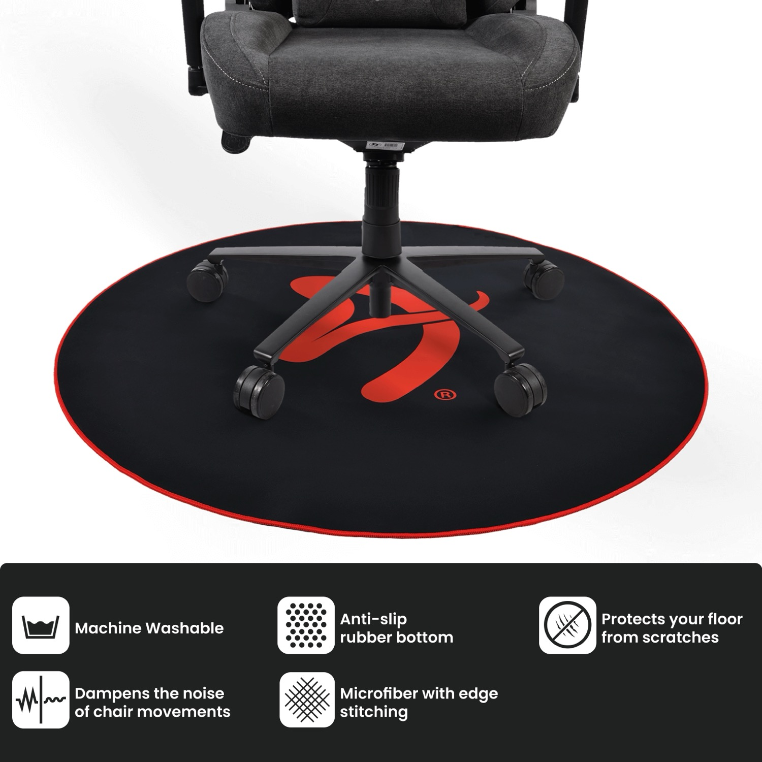 Una sedia da gaming nera con logo rosso è seduta su un tappeto rotondo nero con bordo rosso.