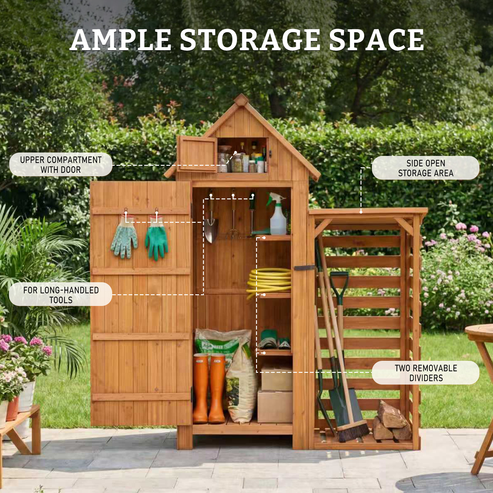 Capanno da giardino in legno con porte aperte che immagazzina attrezzi, guanti e forniture.