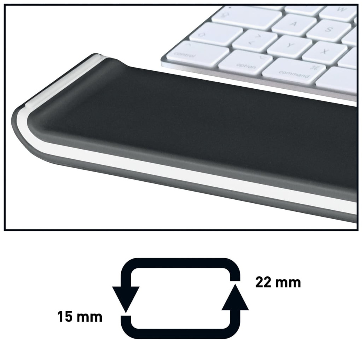 Accessorio poggiapolsi nero accanto a una tastiera con dimensioni.