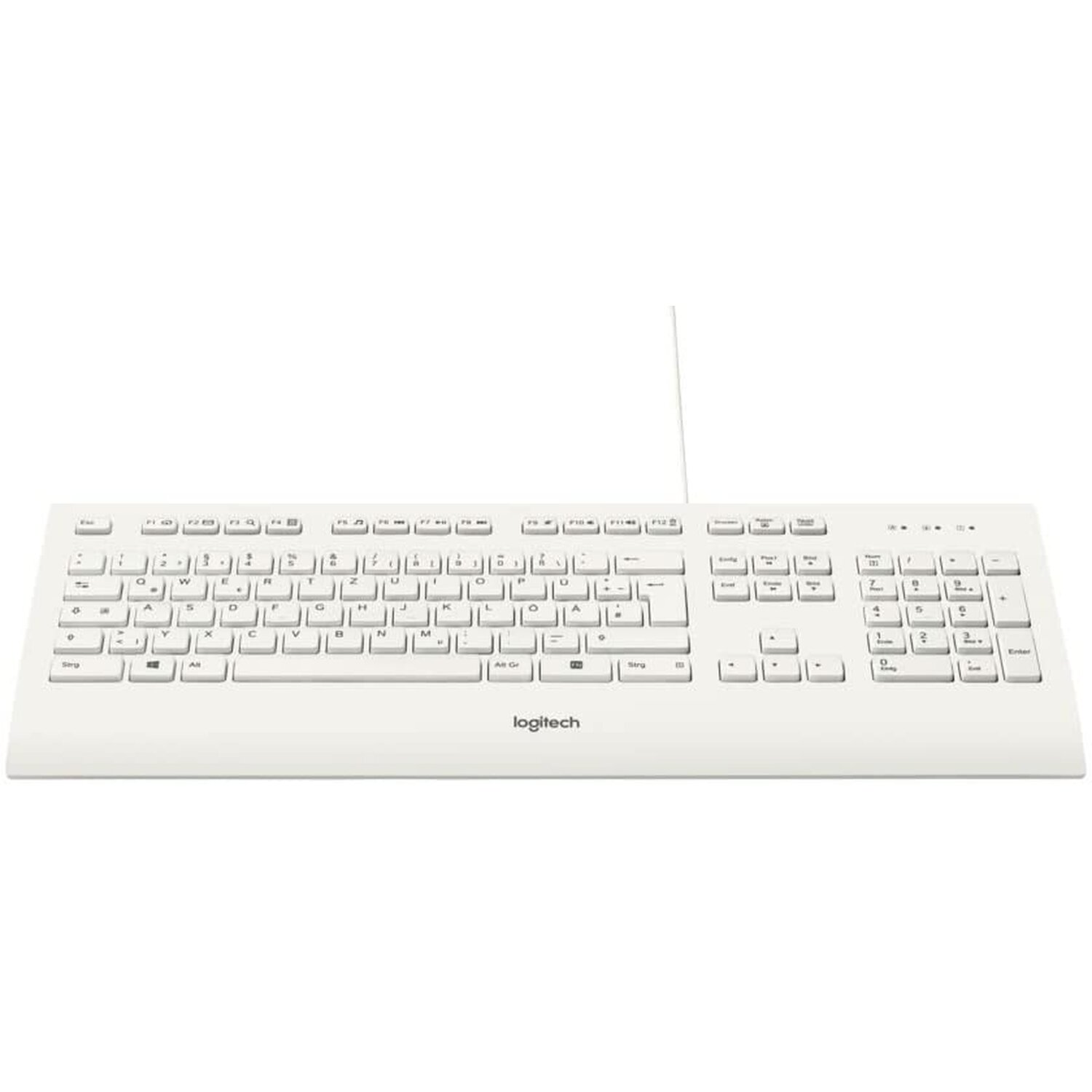 Biała klawiatura Logitech z klawiaturą numeryczną i białym kablem.
