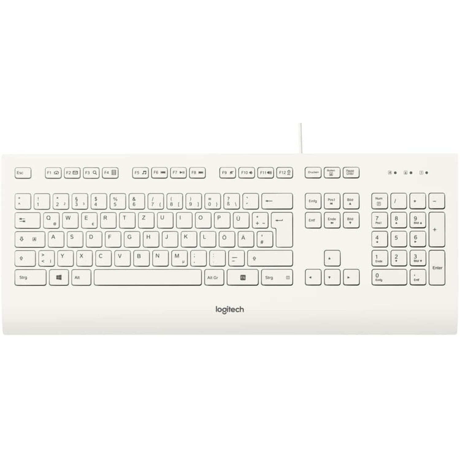 Biała klawiatura Logitech z klawiaturą numeryczną i niemieckimi etykietami klawiszy.