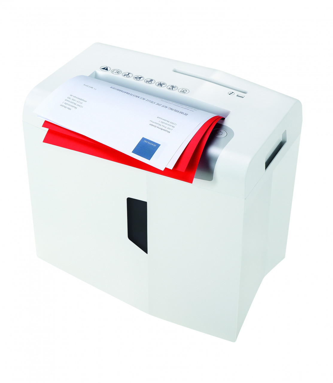 Biała niszczarka do papieru z wkładanymi do szczeliny papierami.