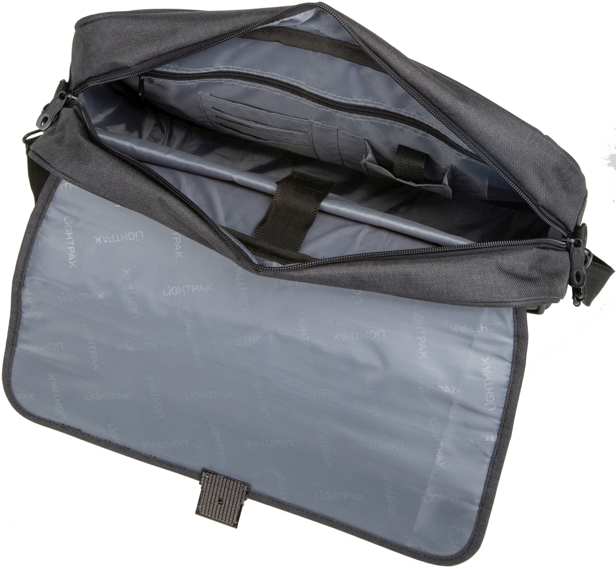 Borsa messenger grigio scuro aperta con tasche interne e fodera grigia con logo.