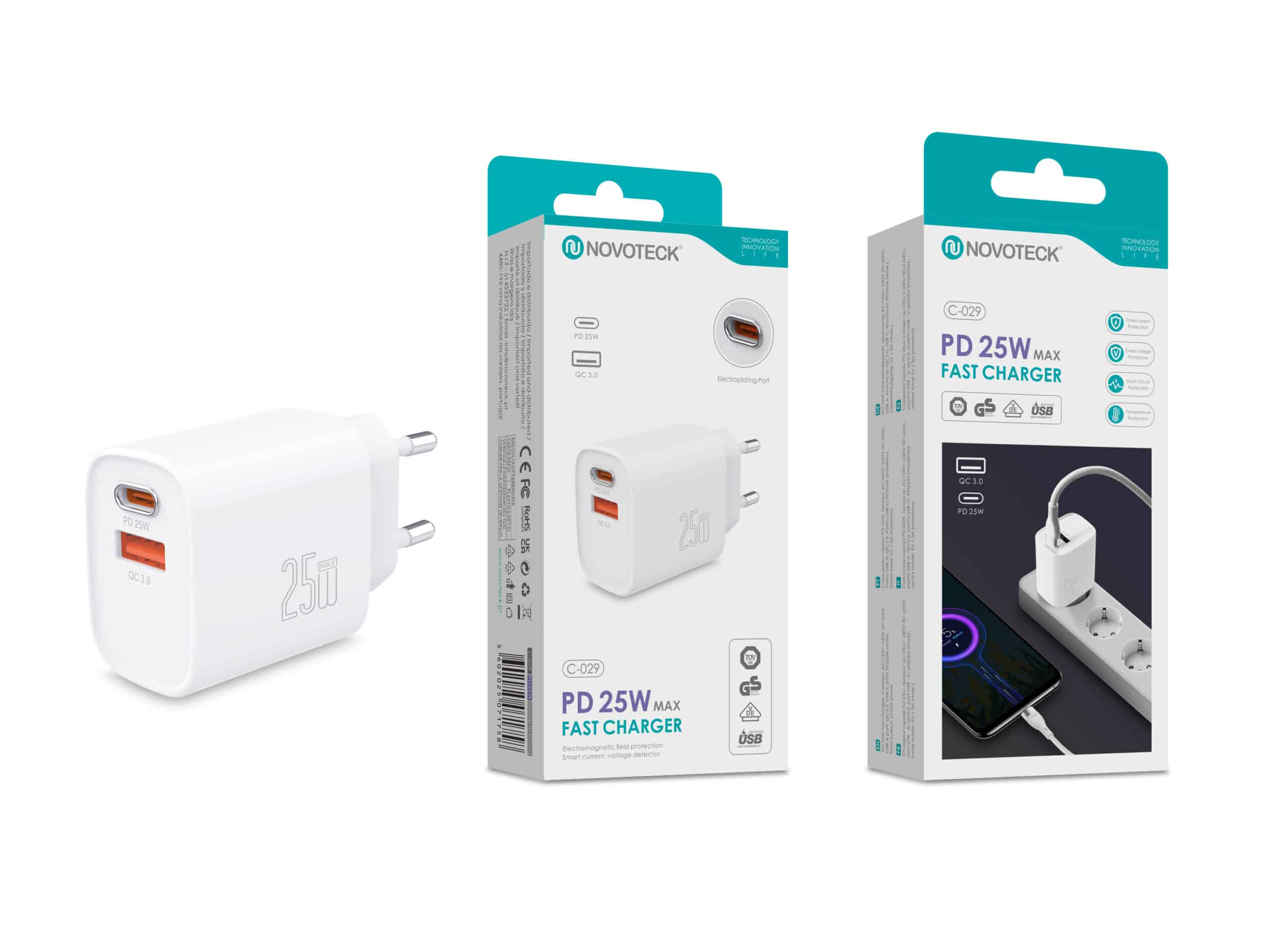 Un cargador blanco Novoteck con 2 puertos USB, PD 25W y QC 3.0.