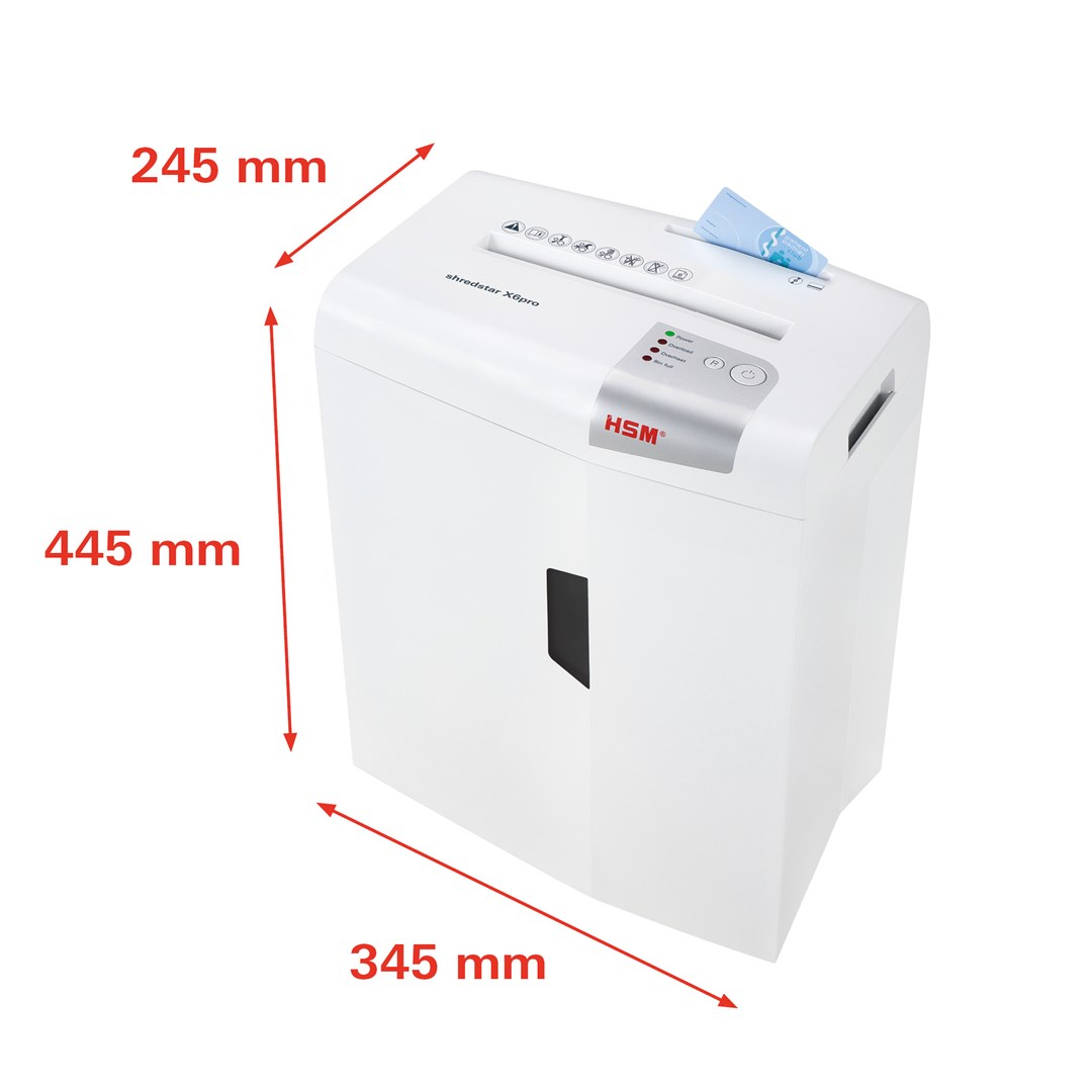 Biała niszczarka HSM Shredstar X0pro o wymiarach 245x445x345 mm.