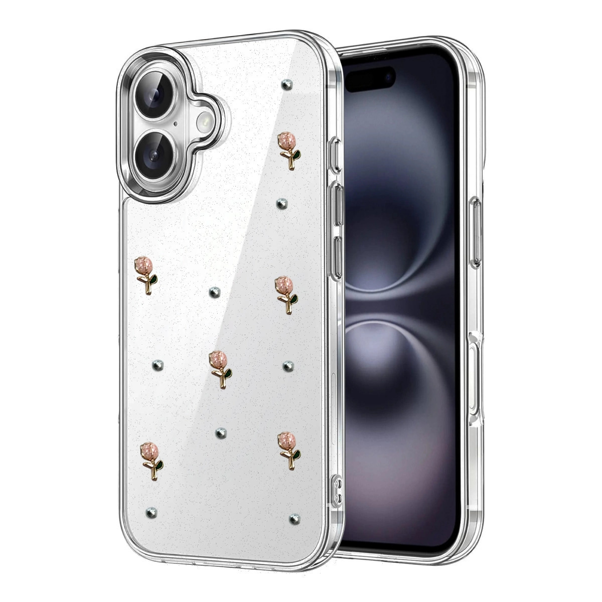 Simli ve gül tasarımlı şeffaf telefon kılıfı.
