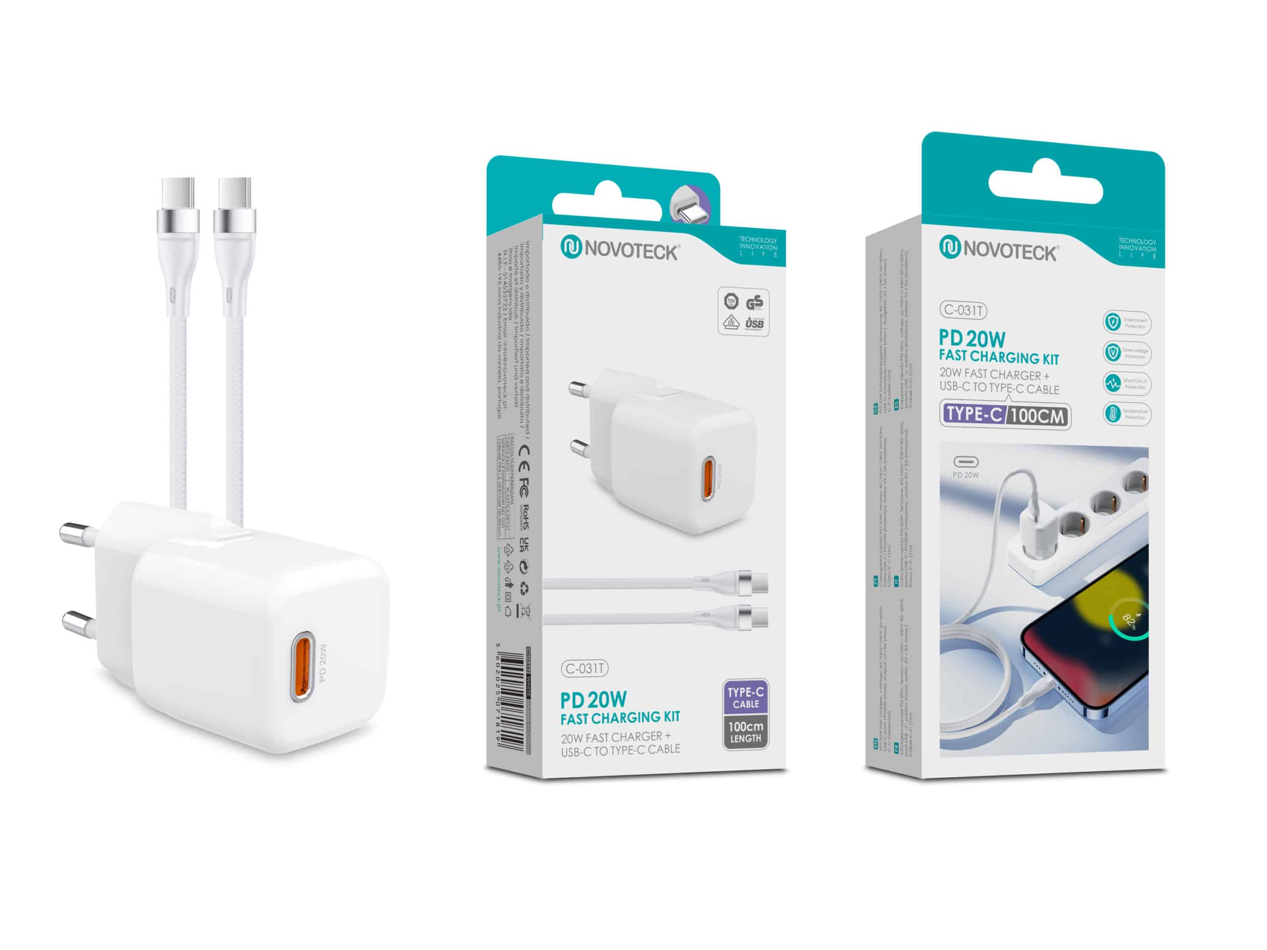 Un cargador blanco Novoteck y cable USB-C sobre embalaje.
