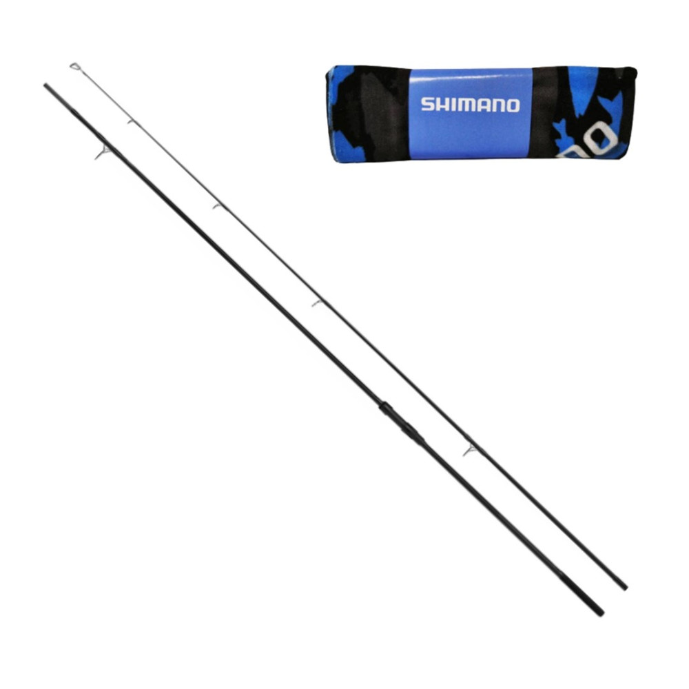 Czarny kij wędkarski z pokrowcem Shimano.