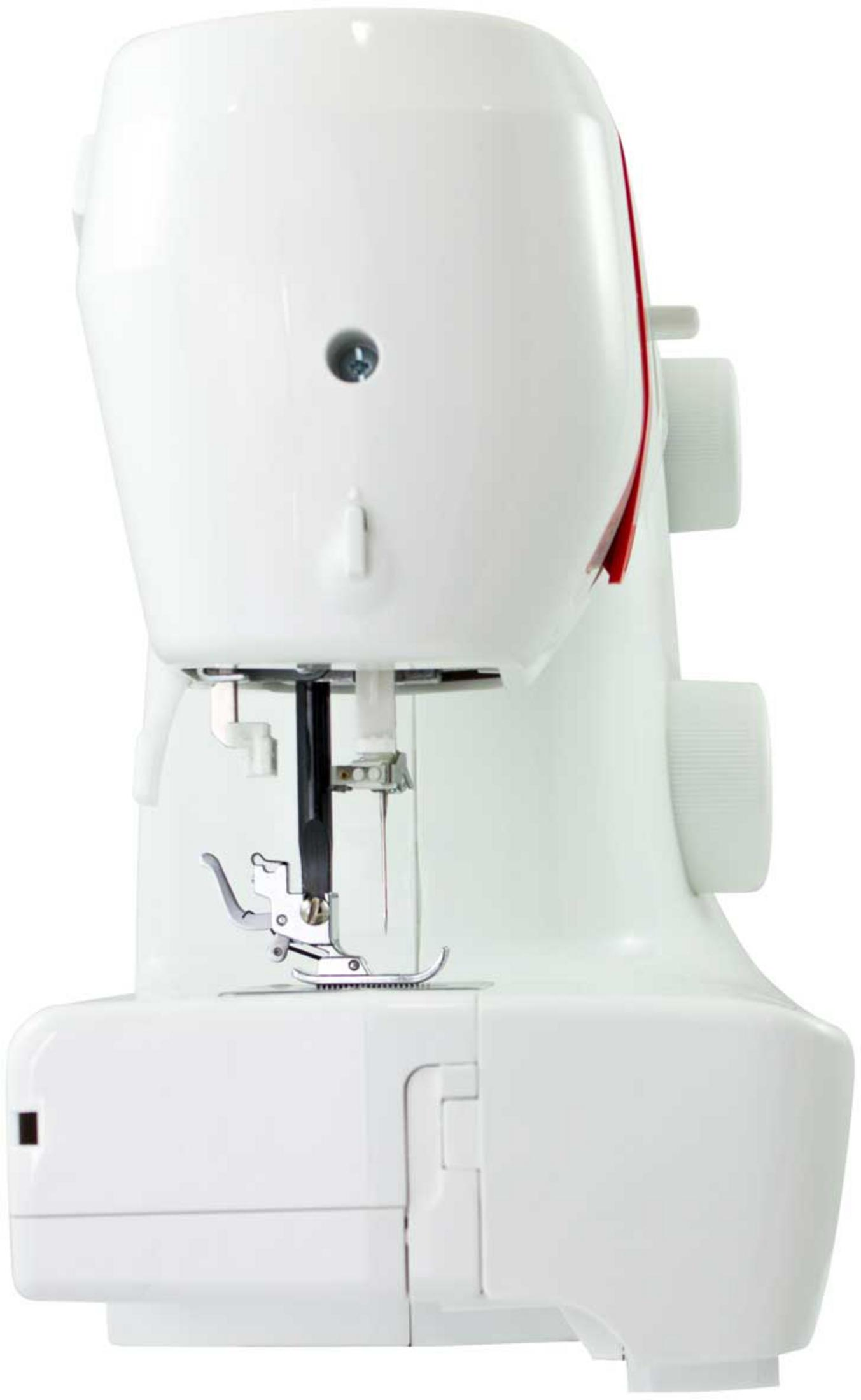 Weiße Nähmaschine mit rotem Akzent und Nadel.