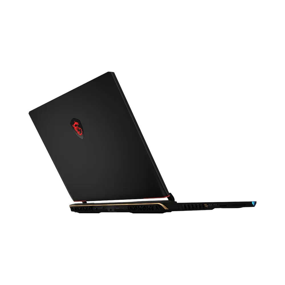 Kapaktaki kırmızı MSI logosu ve aydınlatmalı bağlantı noktalarına sahip siyah dizüstü bilgisayar.