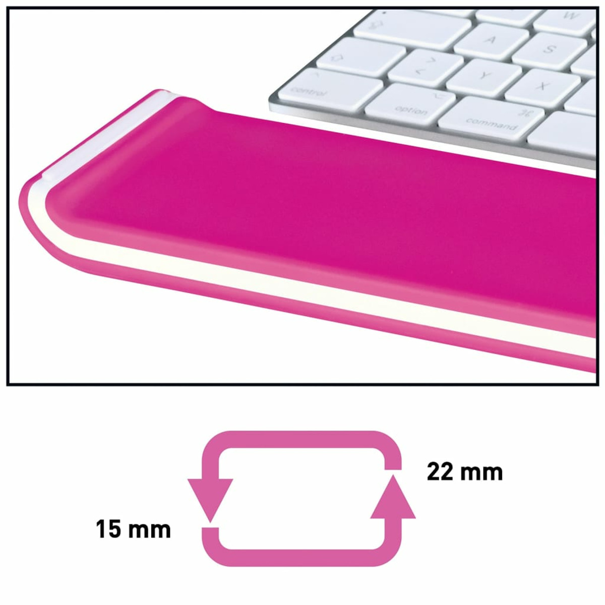 Różowa podkładka pod nadgarstki z białym obrzeżem obok białej klawiatury. Wymiary: 15mm x 22mm.