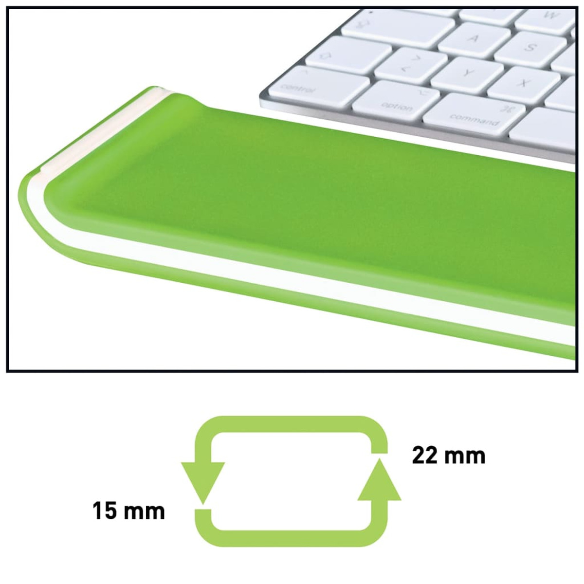Reposamuñecas verde delante de un teclado, dimensiones 15x22mm.