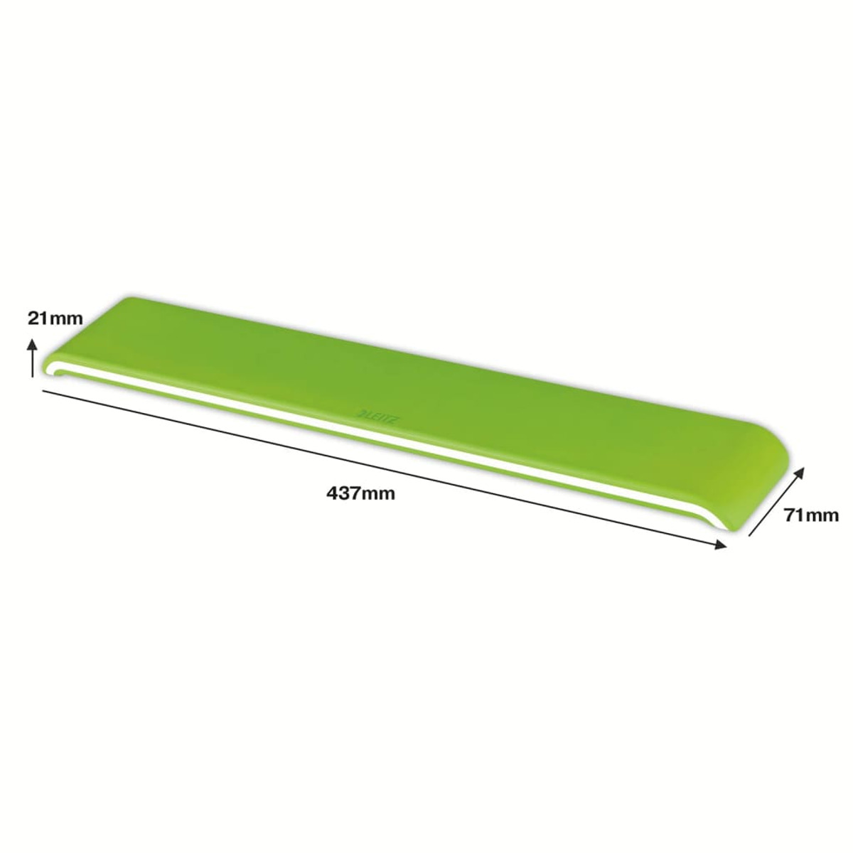 Un objeto largo, delgado y verde brillante con bordes blancos, etiquetado 437mm, 71mm y 21mm.