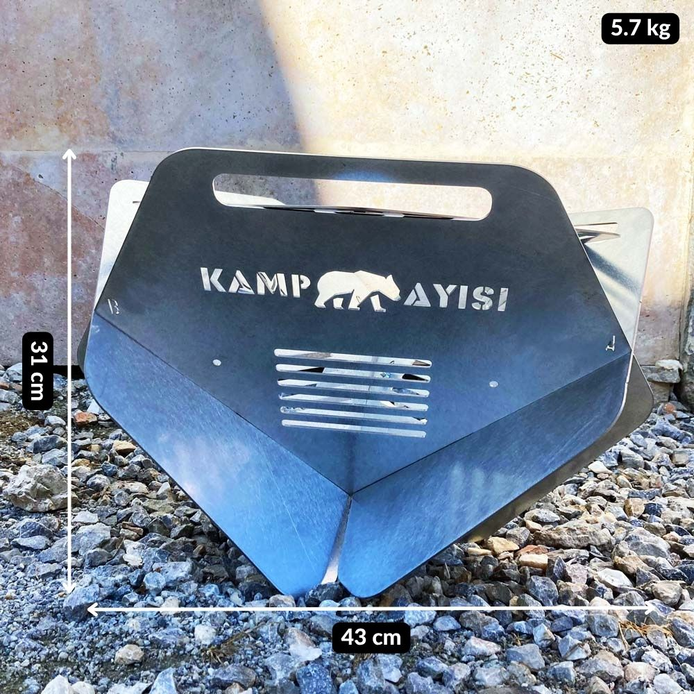 Taşınabilir metal ızgara, 43 cm genişlik, 31 cm yükseklik, 5,7 kg ağırlık.