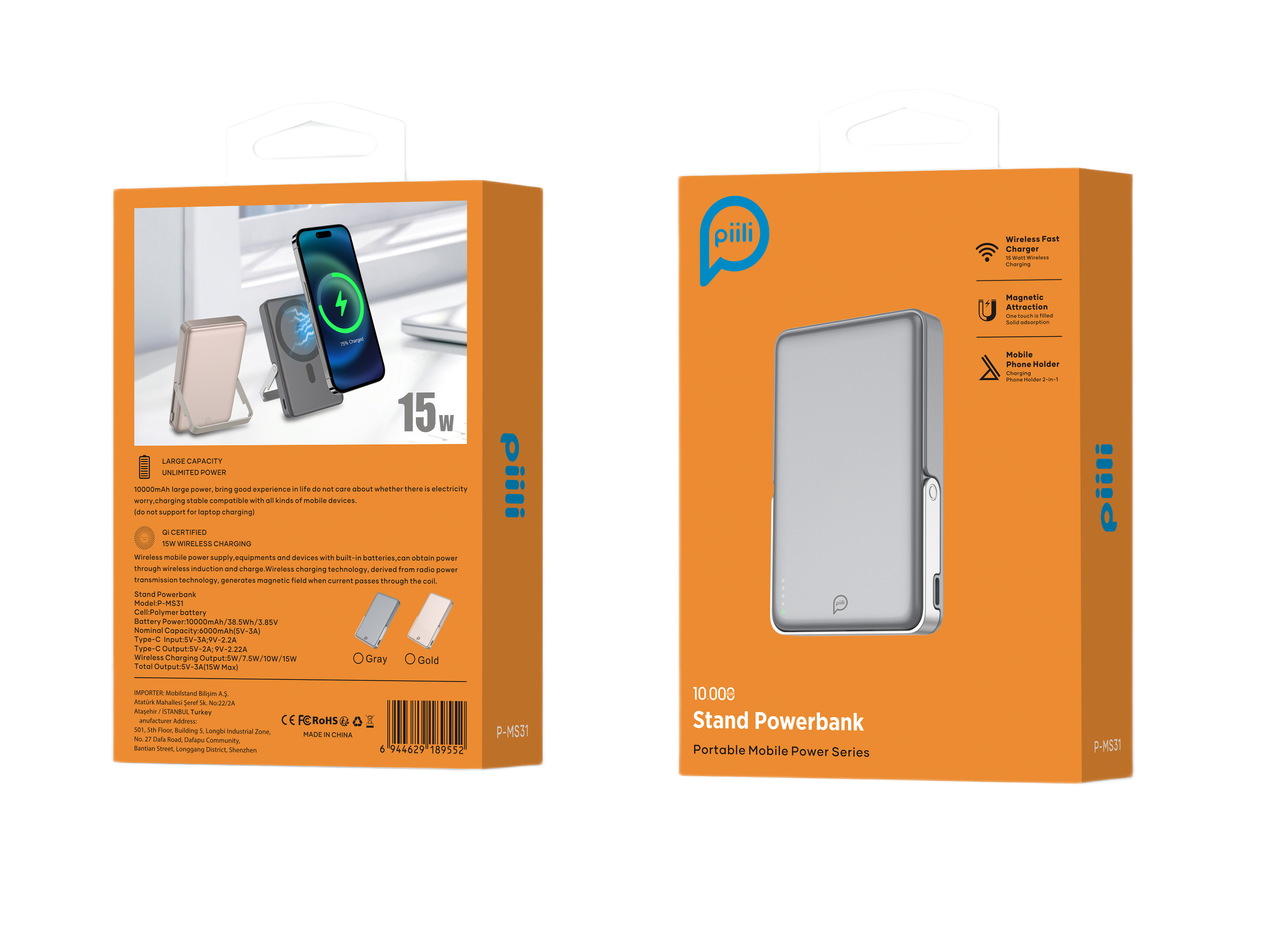 Kablosuz şarj olan bir powerbank ve telefon gösteren ambalaj.