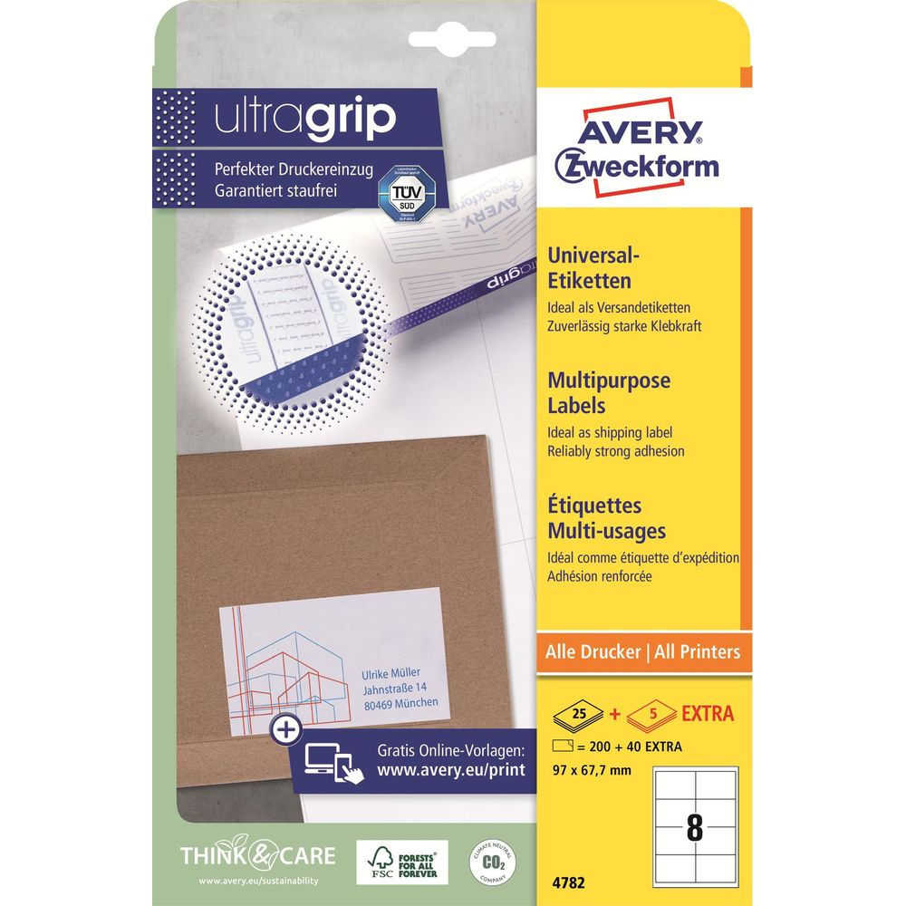 Verpackung von Avery Zweckform Ultragrip Etiketten, mit Adresse und Druckinformationen.