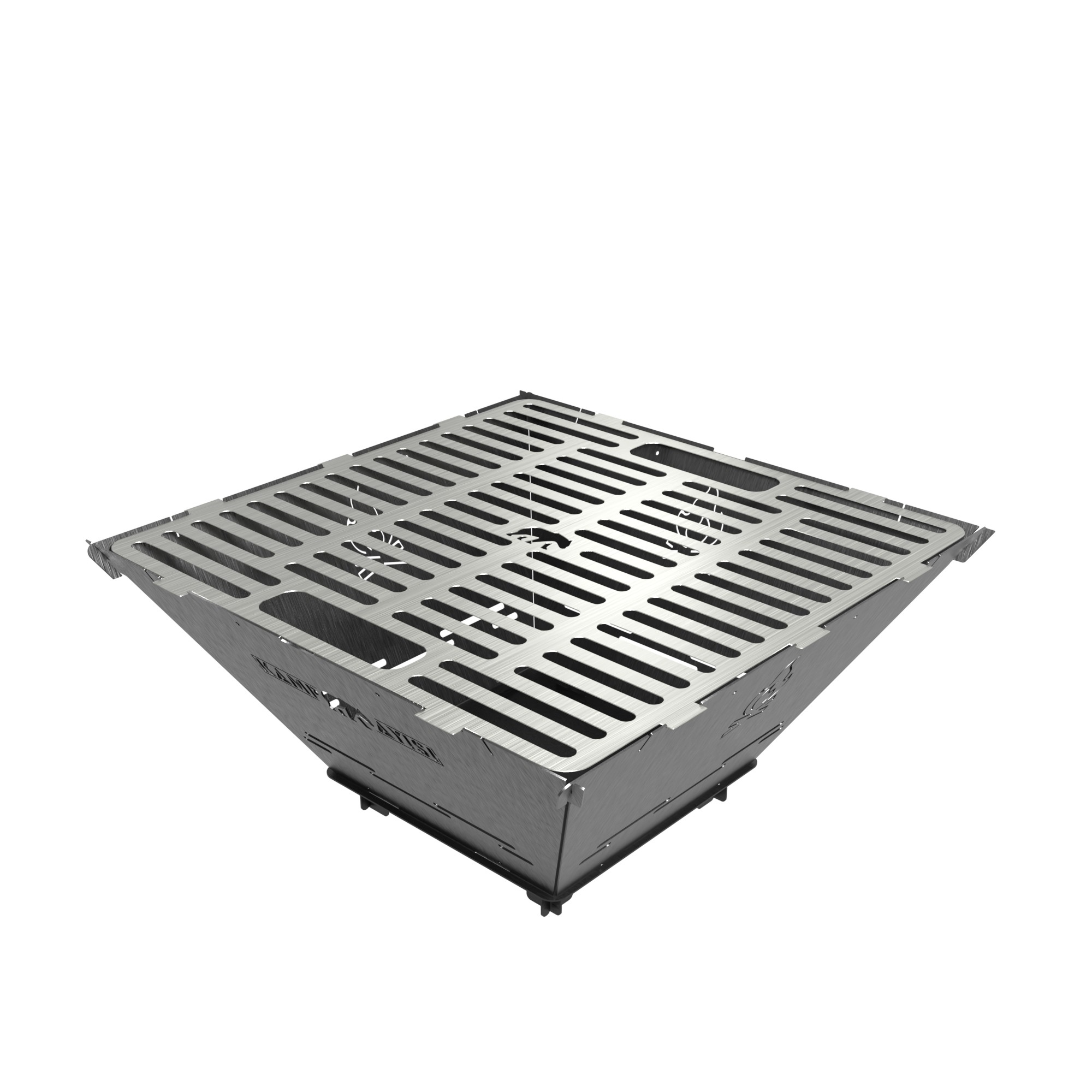 Gümüş metal ızgara, yuvalı ve kulplu, beyaz zeminde.