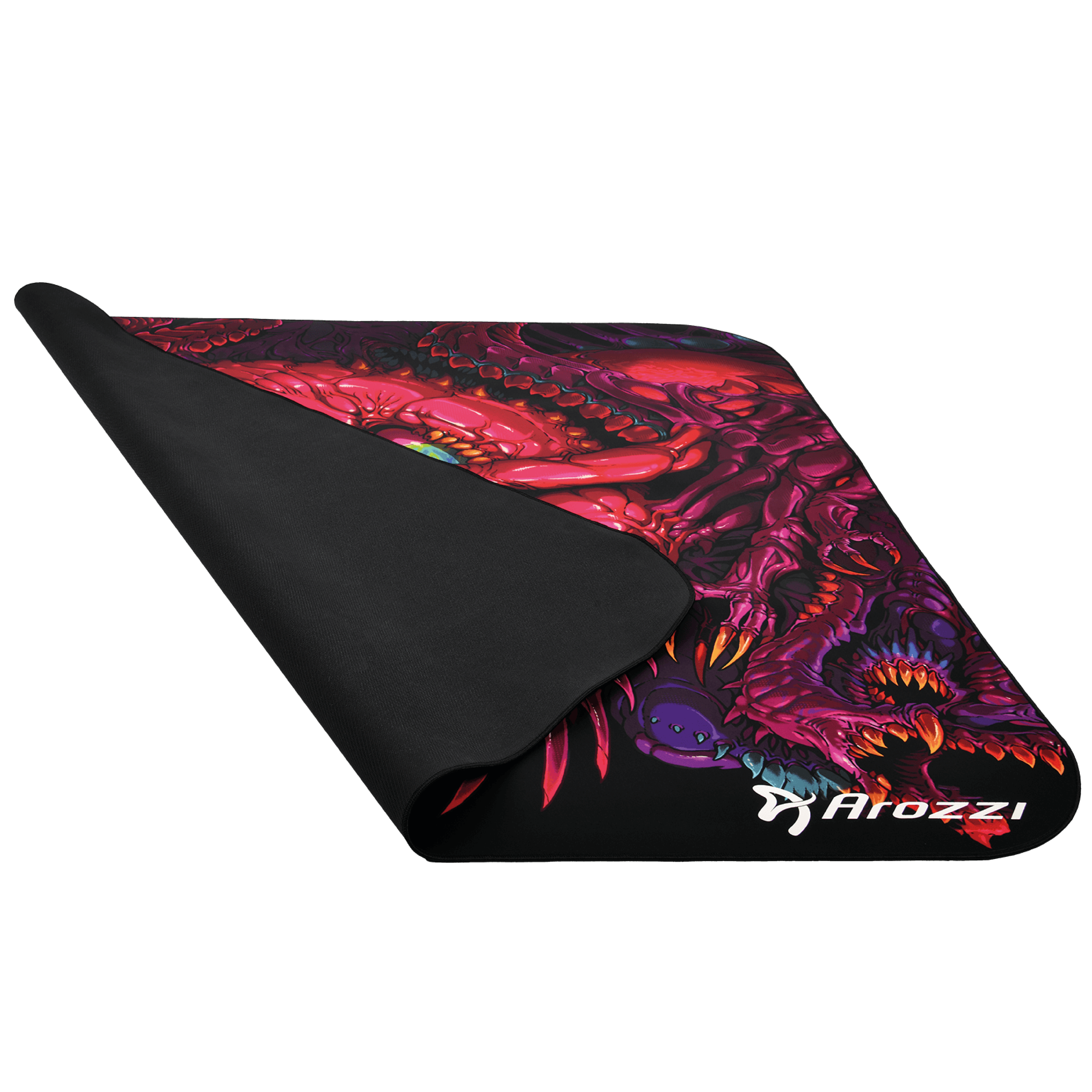 Zwarte muismat onderkant met rood, paars, blauw monsterdesign. Arozzi logo.