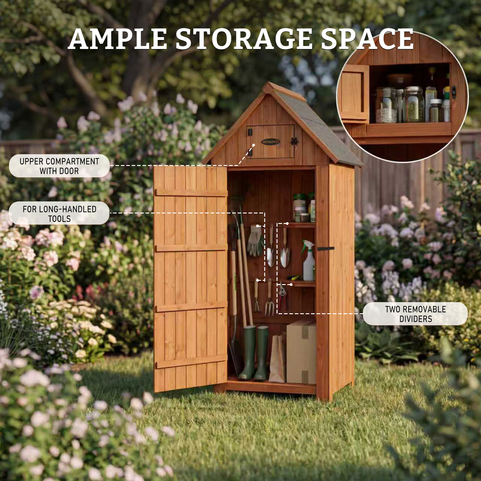 Un capanno da giardino in legno con porte aperte, contenente attrezzi e barattoli.