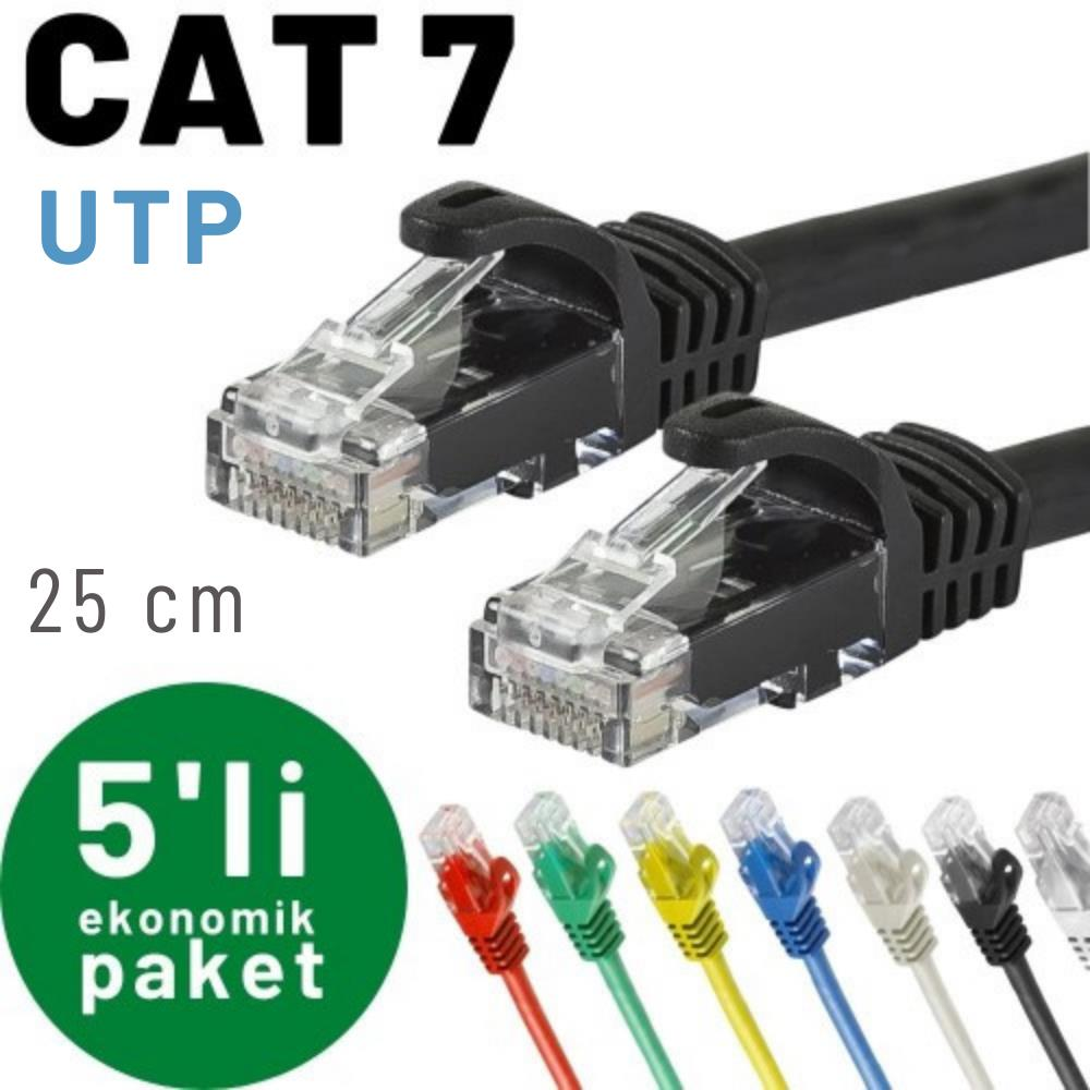 İki adet CAT 7 UTP ağ kablosu, 25 cm, altta renkli fişler bulunur.