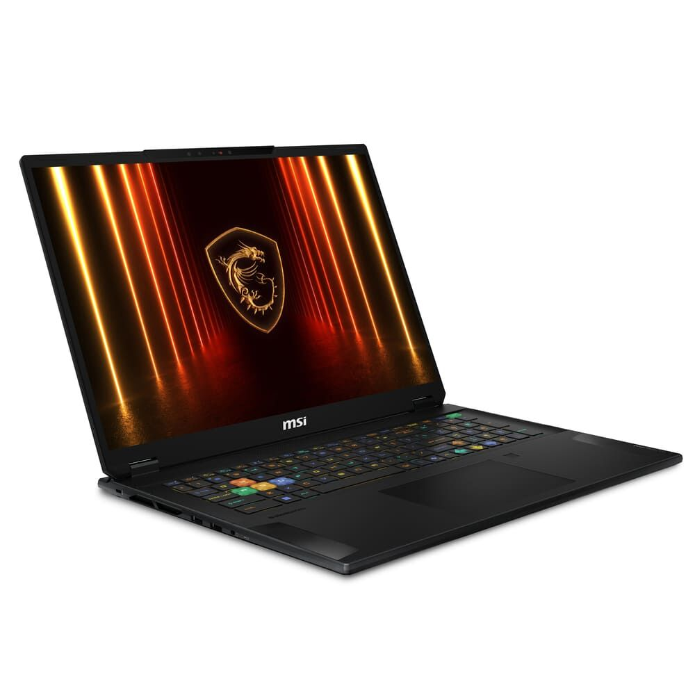Ekranında parlayan ejderha logosu ve renkli klavyesi olan açık siyah MSI dizüstü bilgisayar.