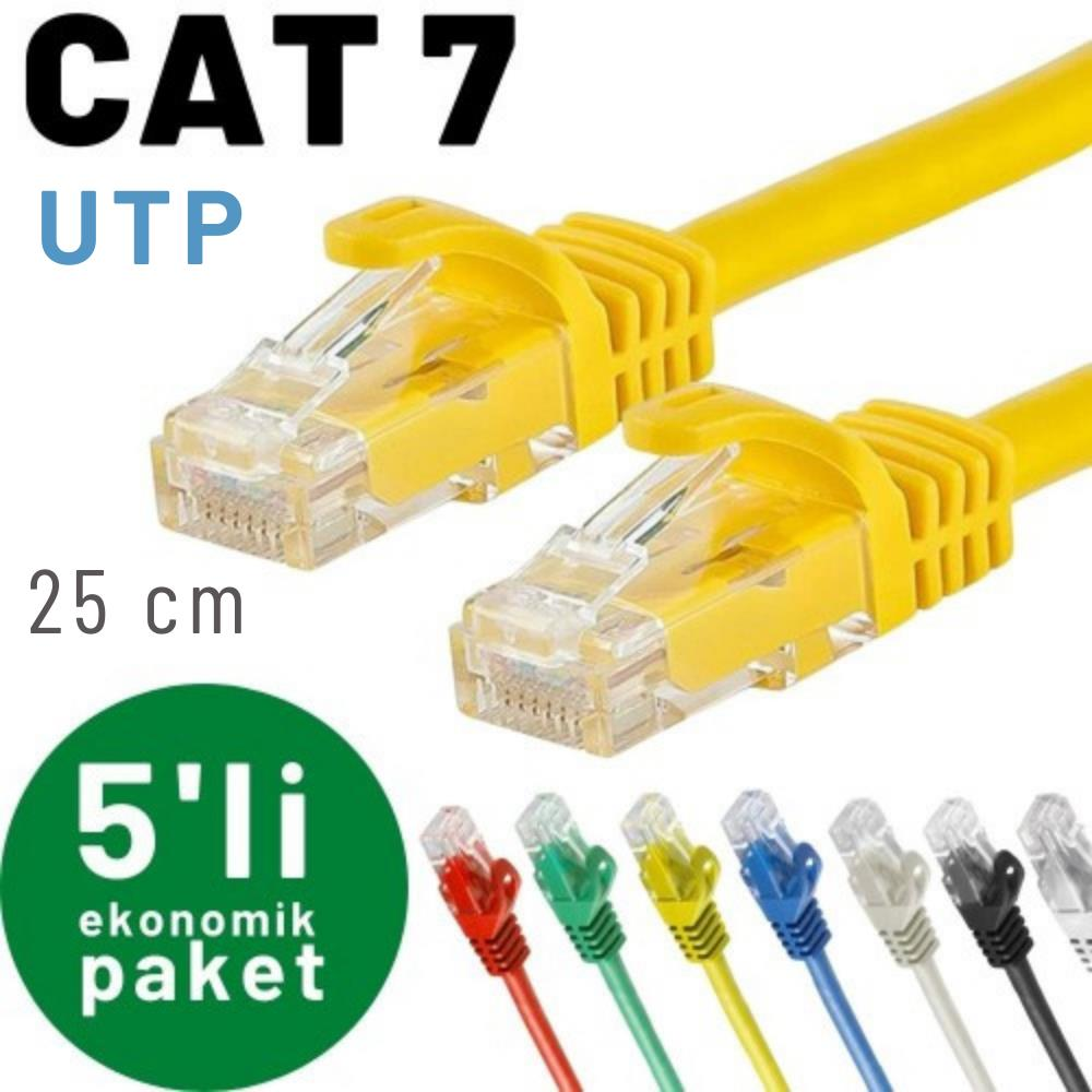 CAT 7 UTP kablolar, 25 cm uzunluğunda, çeşitli renklerde 5'li paket.