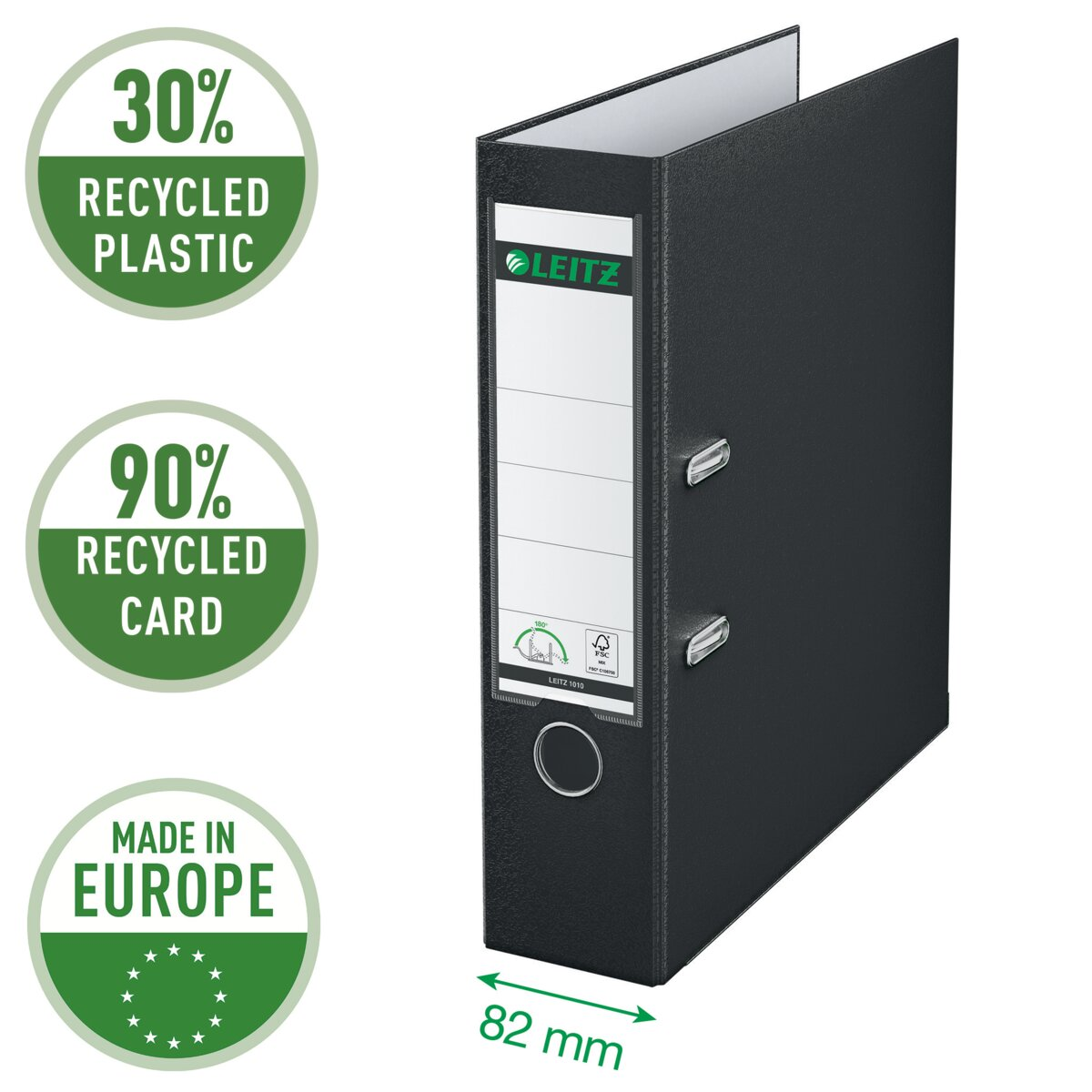 Schwarzer Leitz-Ordner mit Aufdrucken zu Recycling und Maßen.