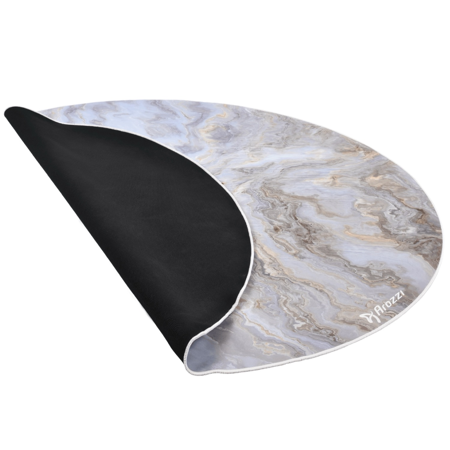 Runde Matte mit Marmormuster, schwarz mit grauem Muster, "Arozzi" Logo.