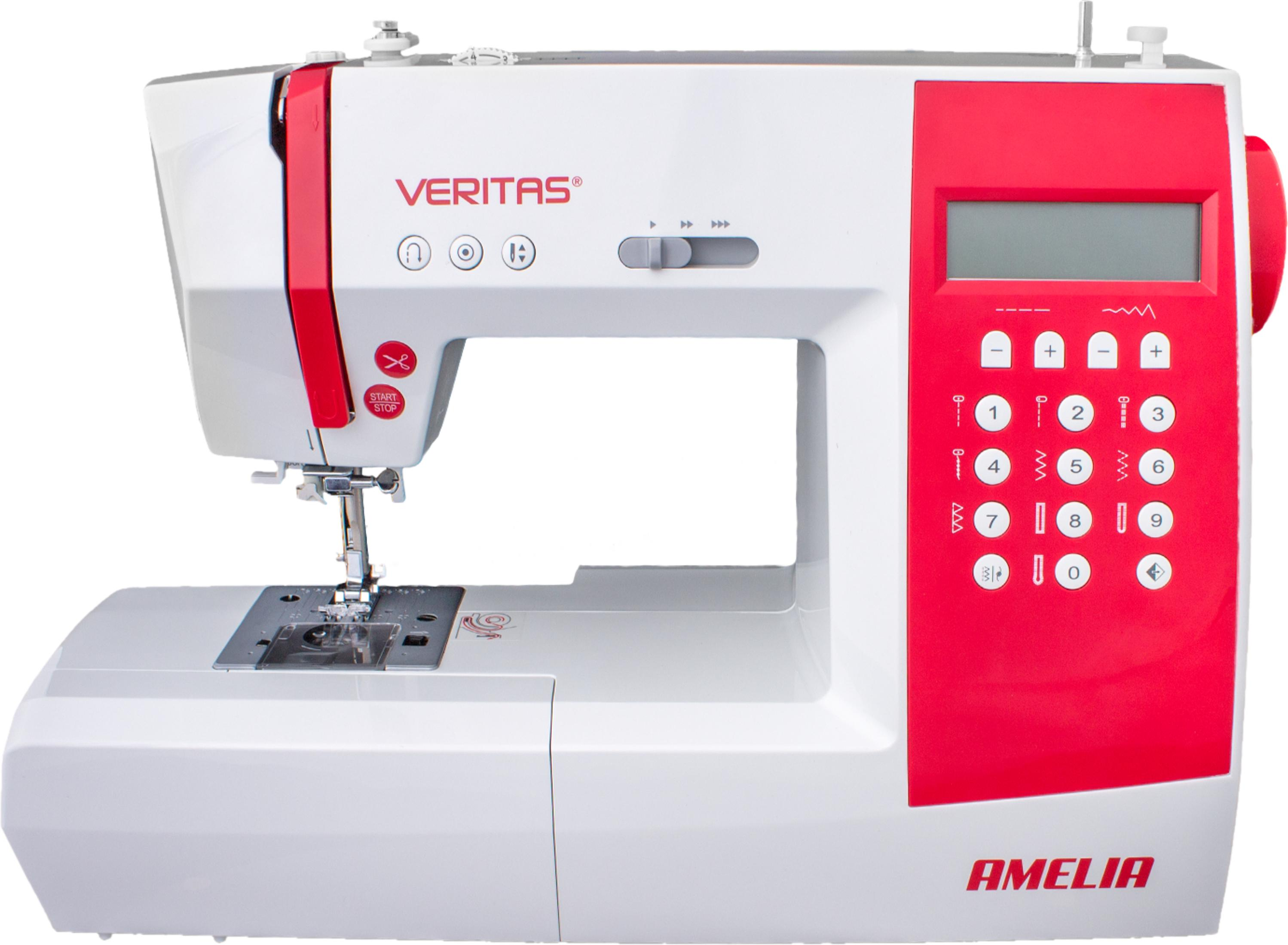 Eine weiße und rote Nähmaschine mit einem digitalen Display und Tasten.