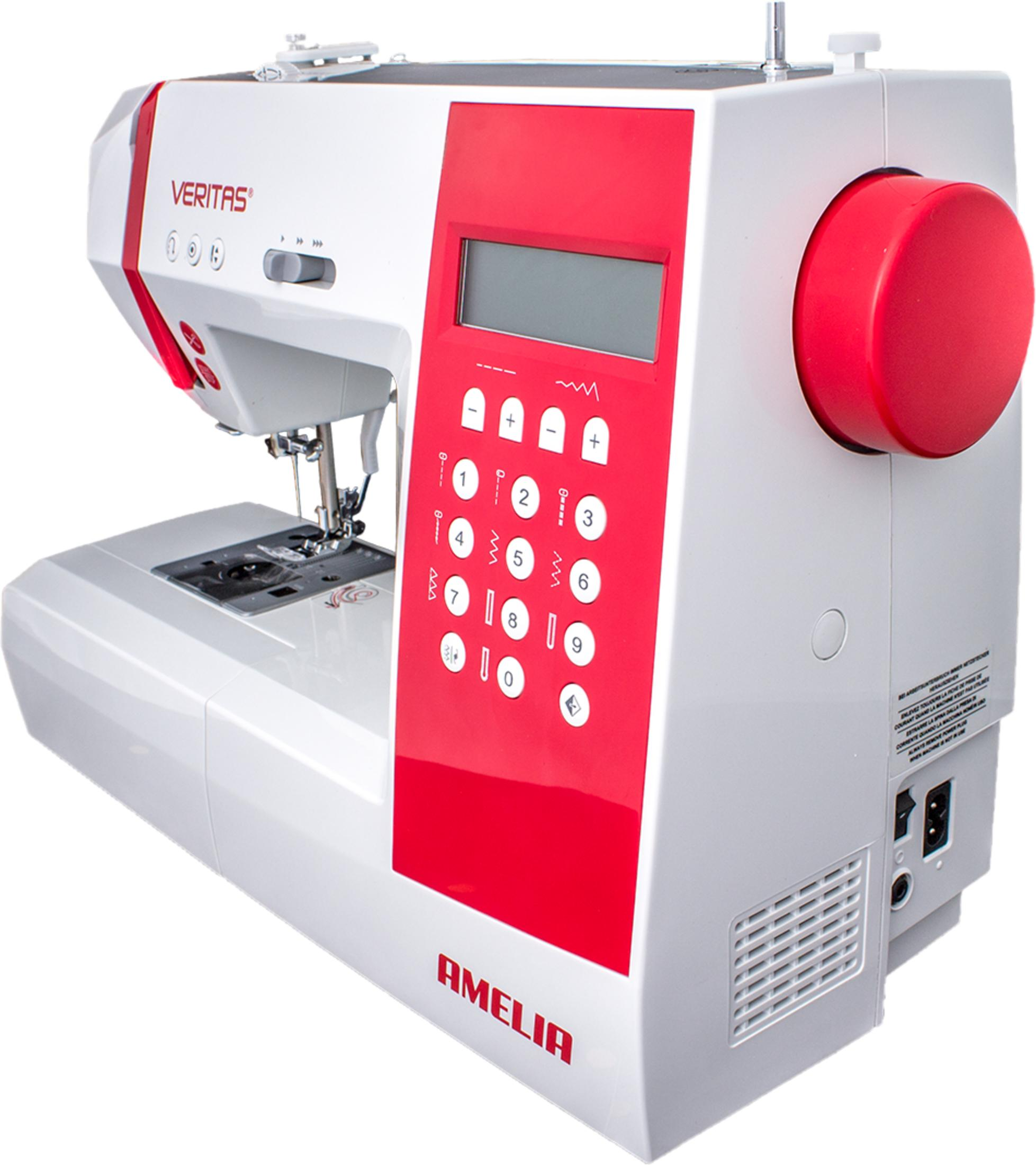 Eine weiße Nähmaschine mit roten Akzenten und einem digitalen Display.